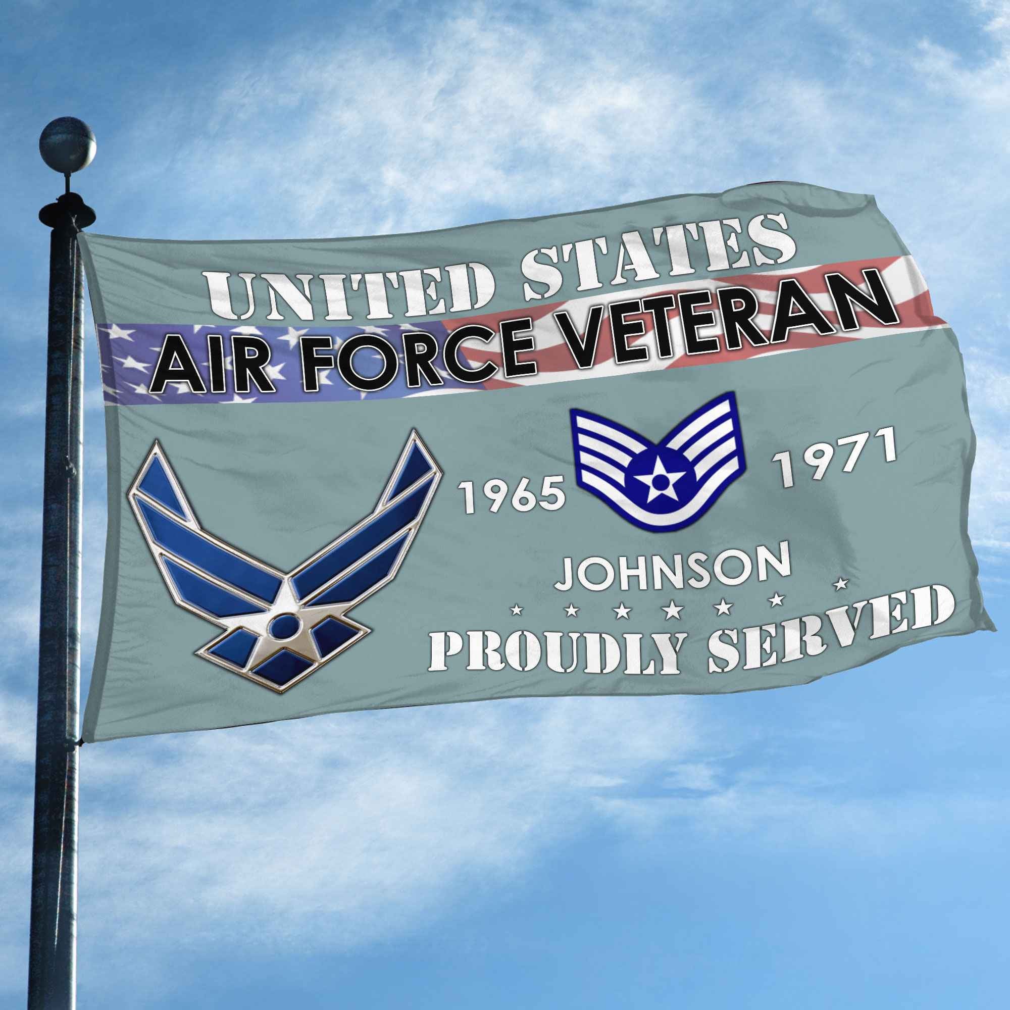 Premium USAF Grommet Flag, Custom Name, Rank, Year, Gifts For Air Force Veteran, Best Gifts On Father's Day, Armed Forces Day, Independence Day, Veterans Day.
