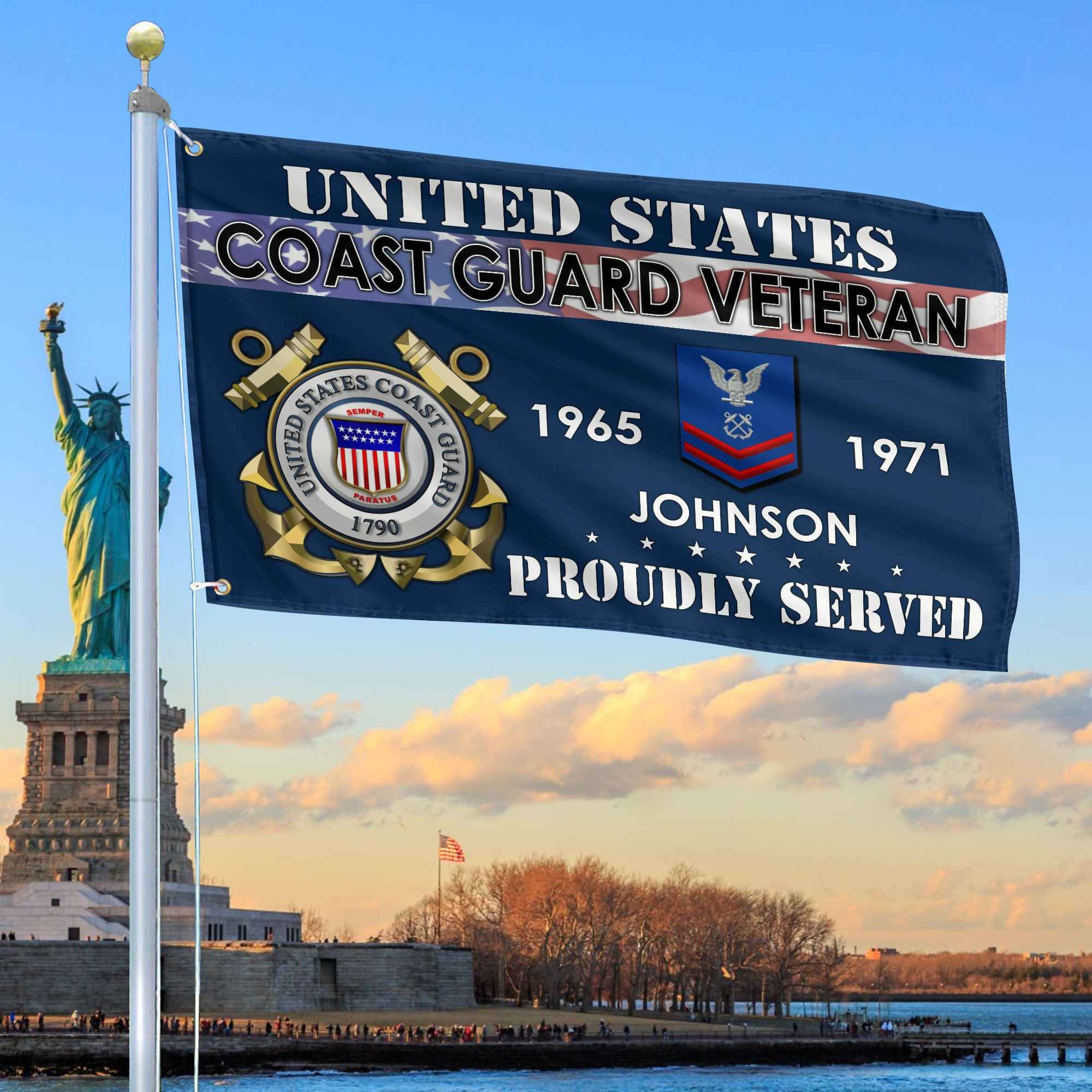 Premium USCG Grommet Flag, Custom Name, Rank, Year, Gifts For Coast Guard Veteran, Best Gifts On Father's Day, Armed Forces Day, Independence Day, Veterans Day.