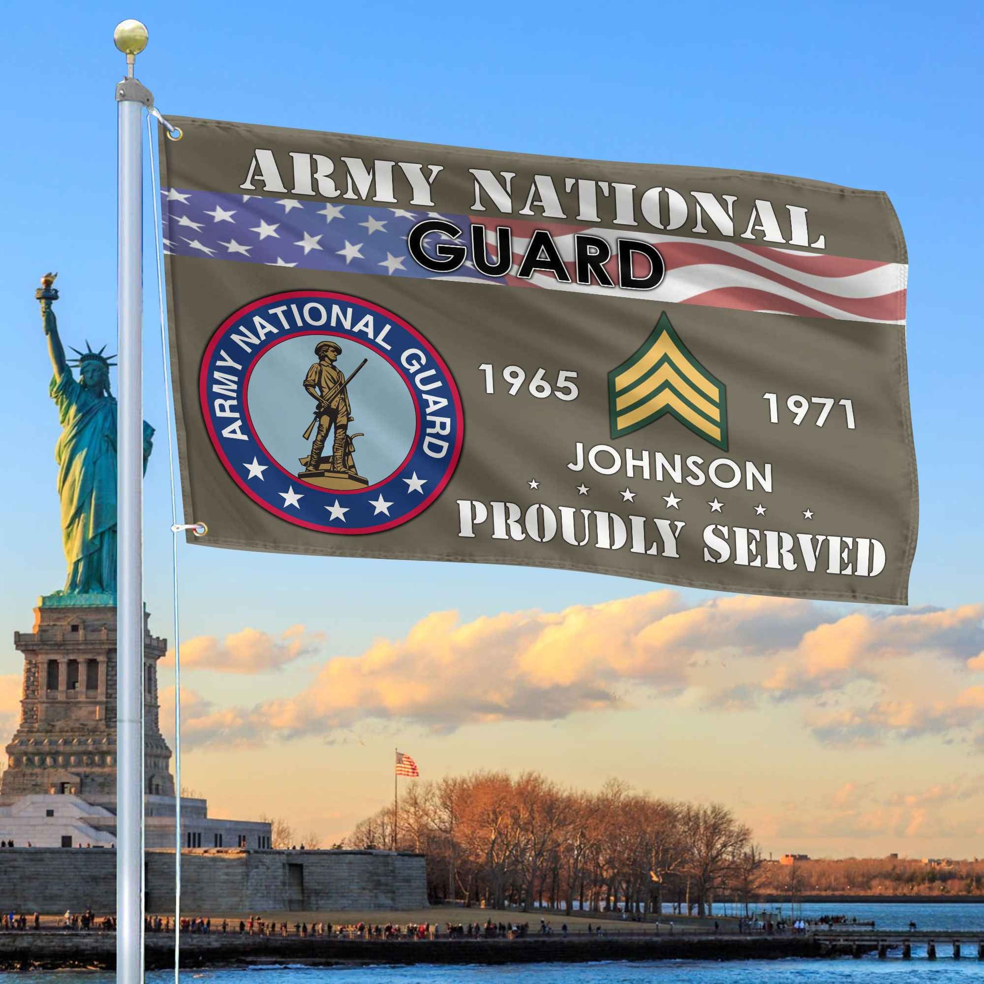 Premium US Army National Guard Grommet Flag, Custom Name, Rank, Year, Gifts For Army National Guard Veteran, Best Gifts On Father's Day, Armed Forces Day, Independence Day, Veterans Day.