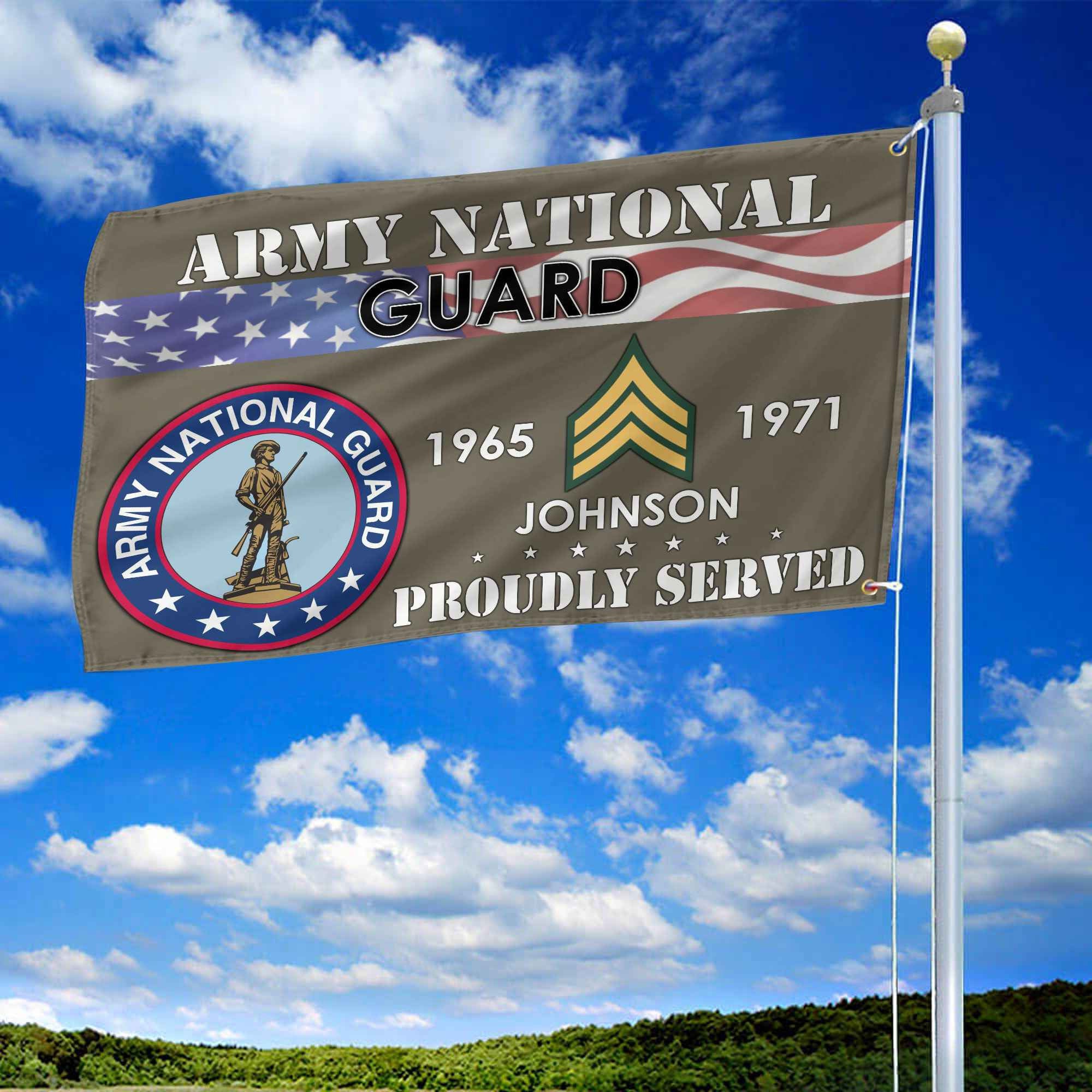 Premium US Army National Guard Grommet Flag, Custom Name, Rank, Year, Gifts For Army National Guard Veteran, Best Gifts On Father's Day, Armed Forces Day, Independence Day, Veterans Day.