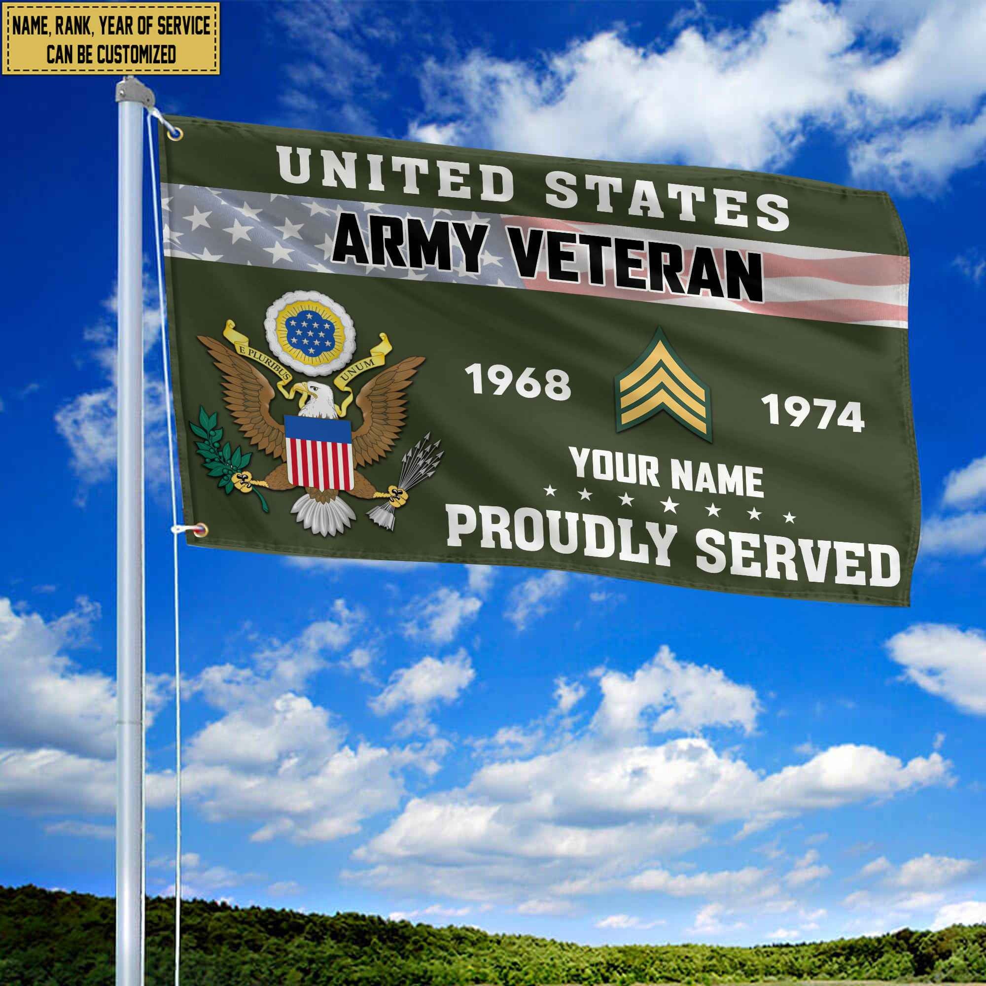 Premium US Army Grommet Flag, Custom Name, Rank, Year, Gifts For Army Veteran, Best Gifts On Father's Day, Armed Forces Day, Independence Day, Veterans Day.