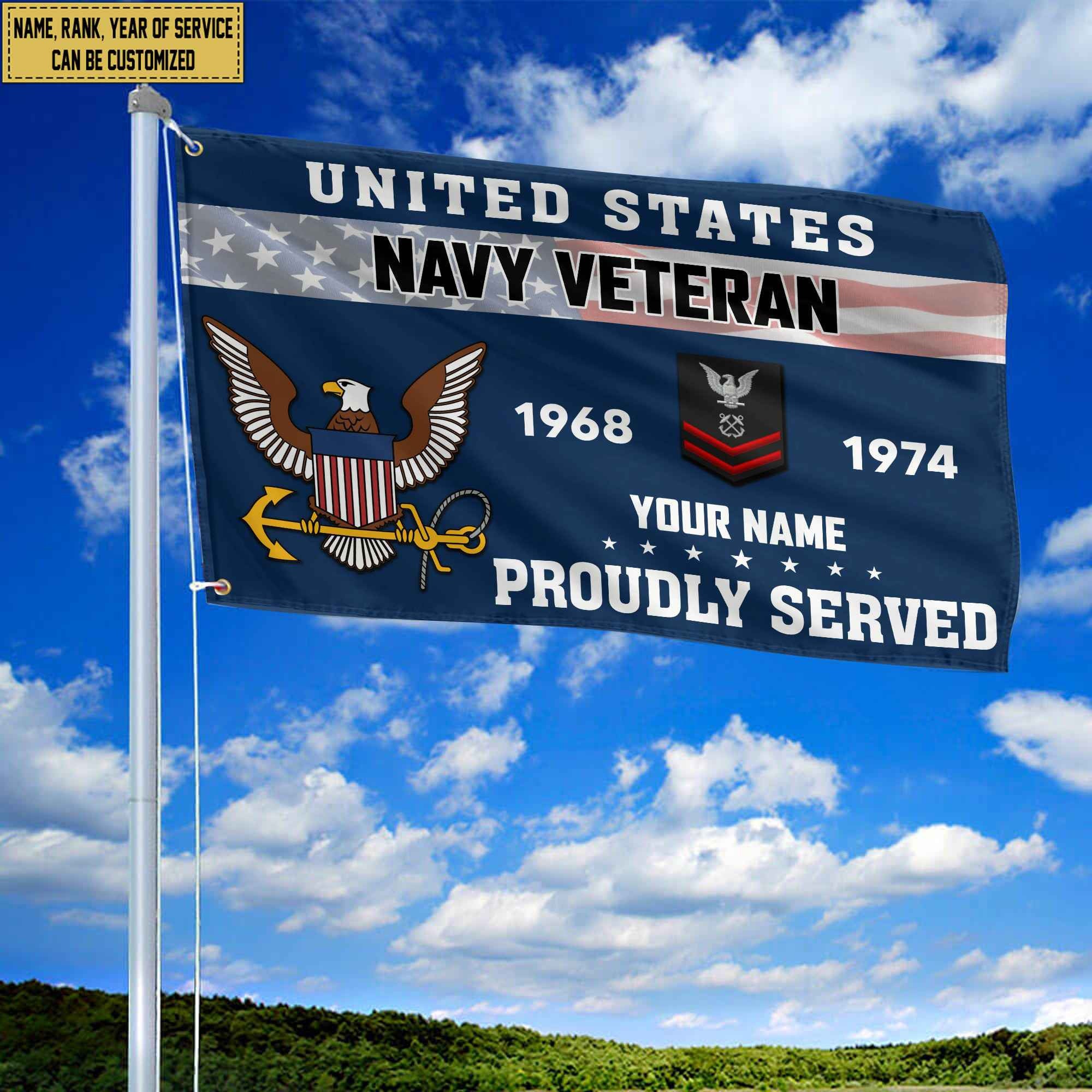 Premium US Navy Grommet Flag, Custom Name, Rank, Year, Gifts For Navy Veteran, Best Gifts On Father's Day, Armed Forces Day, Independence Day, Veterans Day.