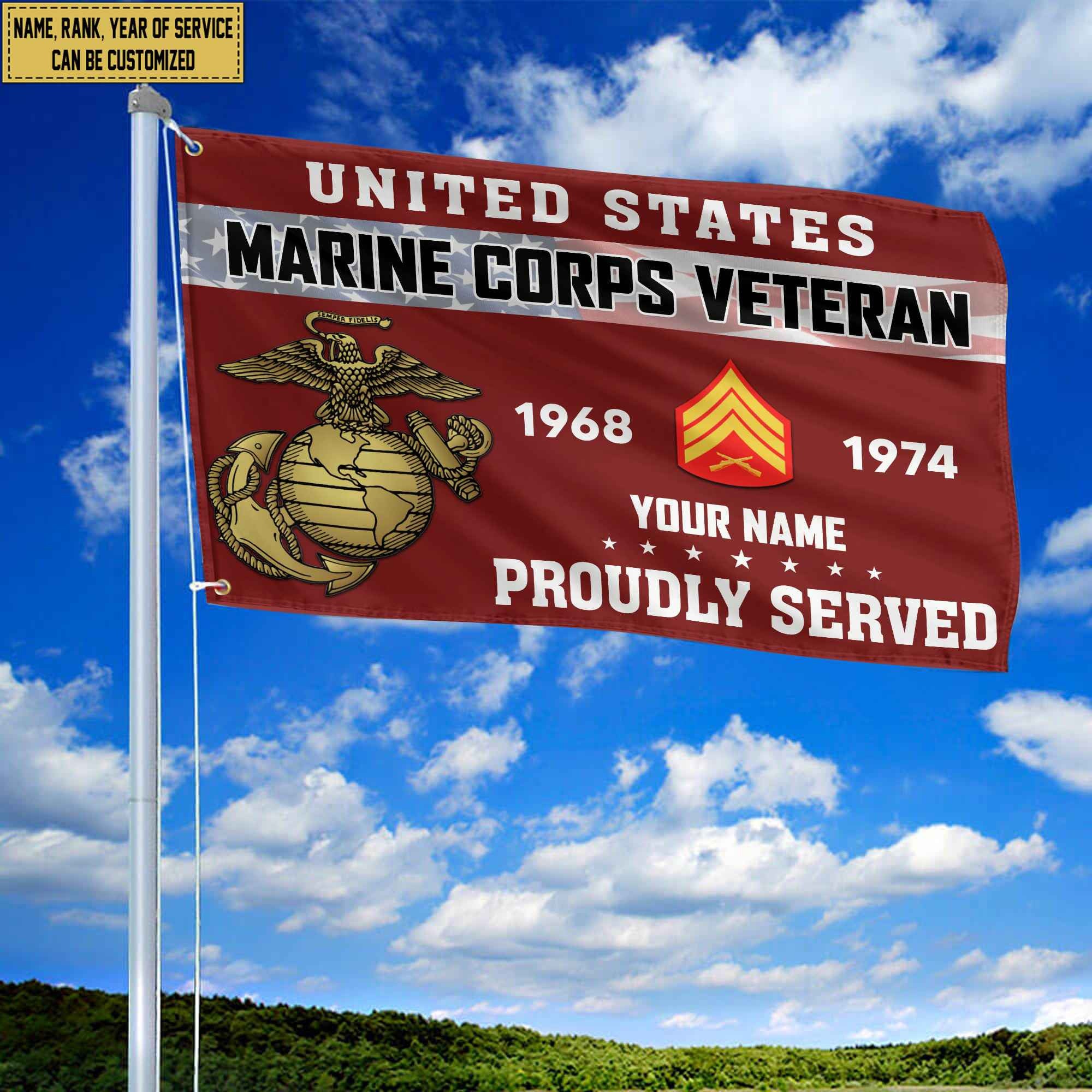 Premium USMC Grommet Flag, Custom Name, Rank, Year, Gifts For Marine Veteran, Best Gifts On Father's Day, Armed Forces Day, Independence Day, Veterans Day.