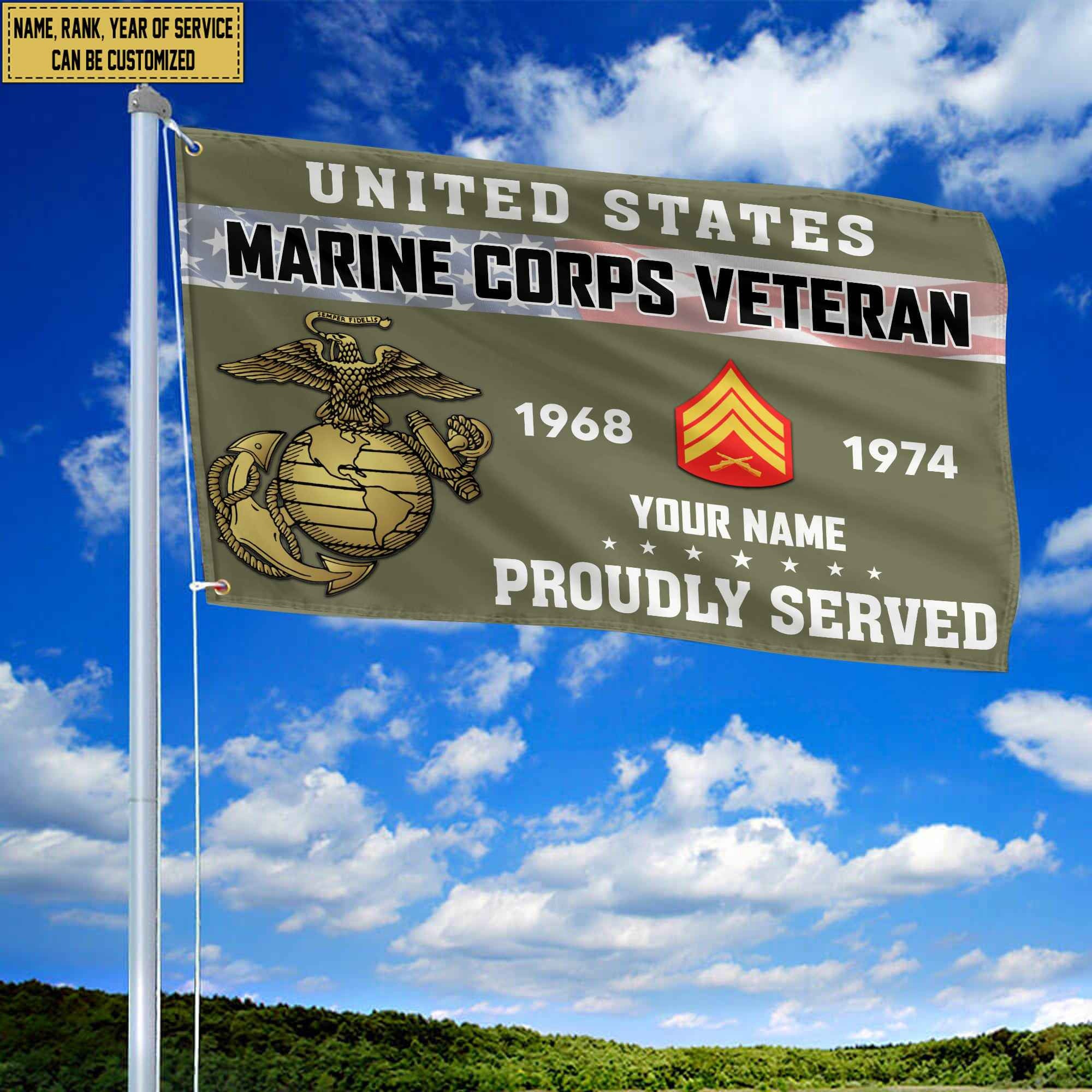 Premium USMC Grommet Flag, Custom Name, Rank, Year, Gifts For Marine Veteran, Best Gifts On Father's Day, Armed Forces Day, Independence Day, Veterans Day.
