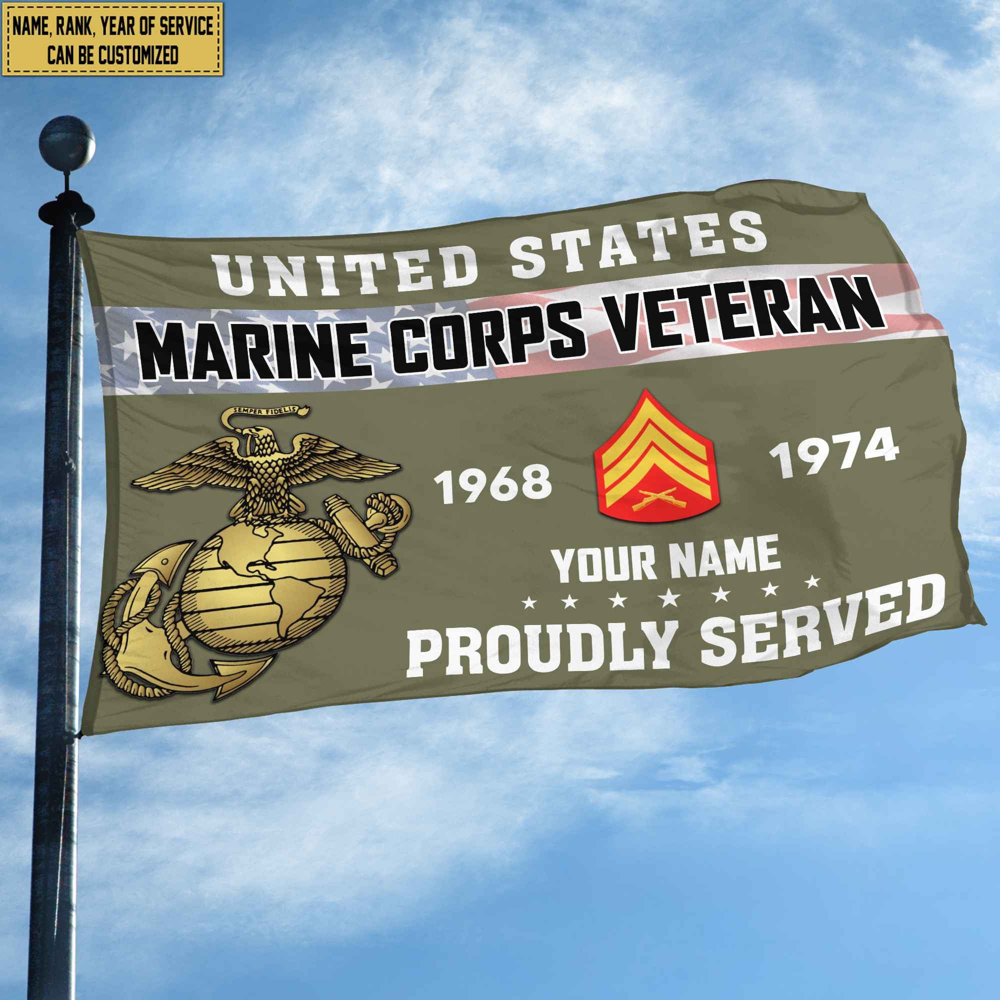 Premium USMC Grommet Flag, Custom Name, Rank, Year, Gifts For Marine Veteran, Best Gifts On Father's Day, Armed Forces Day, Independence Day, Veterans Day.