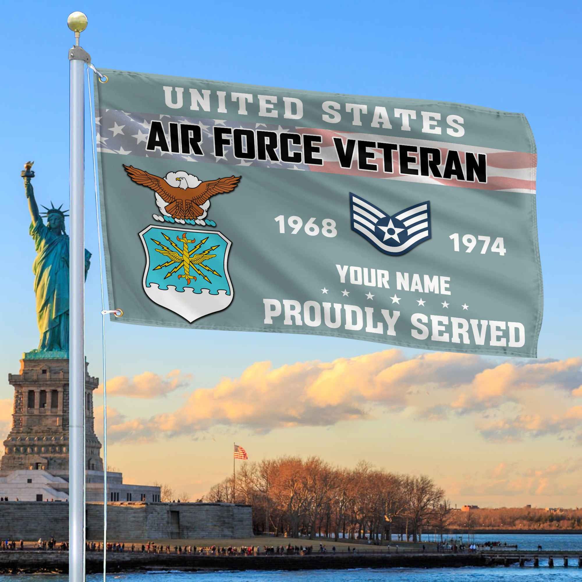 Premium USAF Grommet Flag, Custom Name, Rank, Year, Gifts For Air Force Veteran, Best Gifts On Father's Day, Armed Forces Day, Independence Day, Veterans Day.
