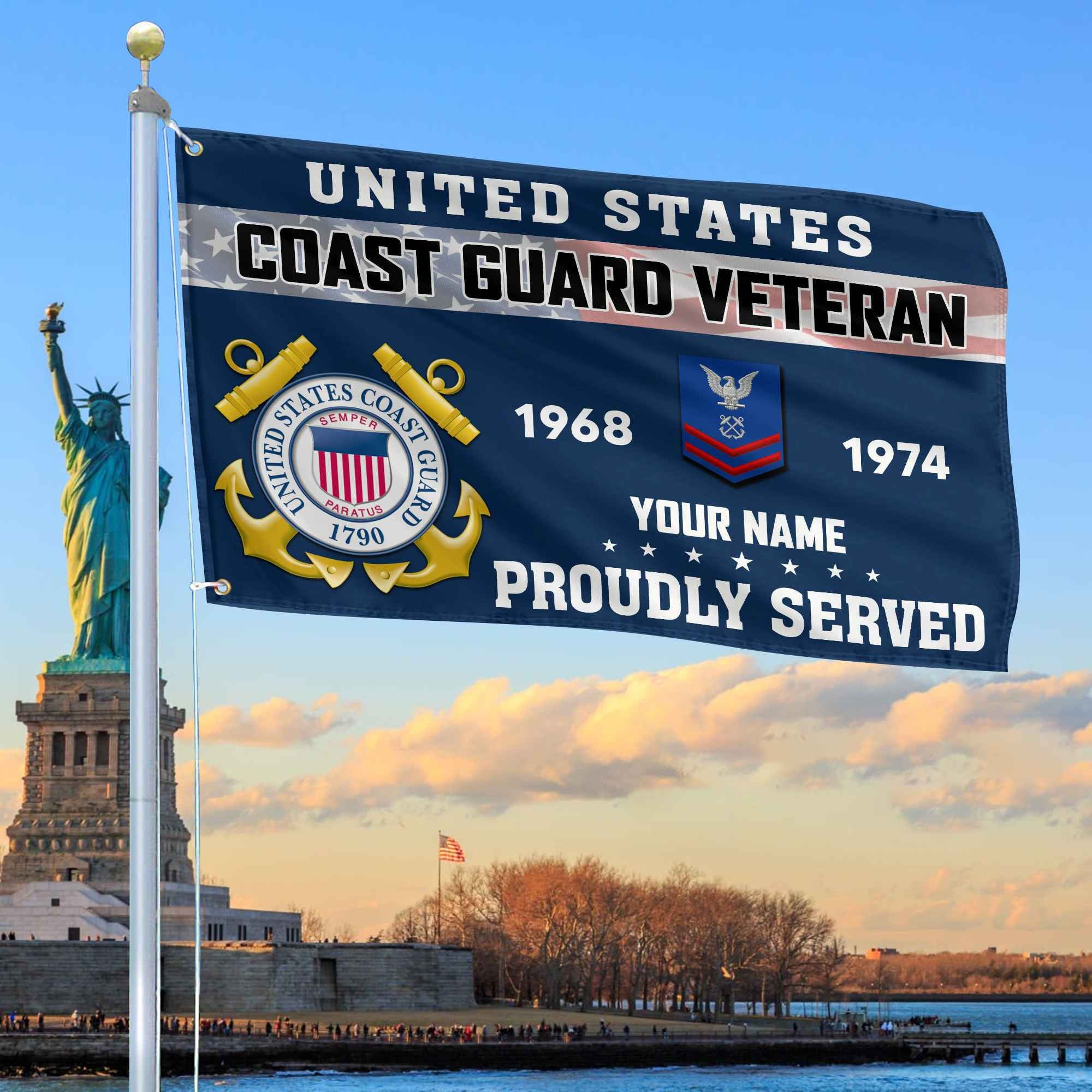 Premium USCG Grommet Flag, Custom Name, Rank, Year, Gifts For Coast Guard Veteran, Best Gifts On Father's Day, Armed Forces Day, Independence Day, Veterans Day.