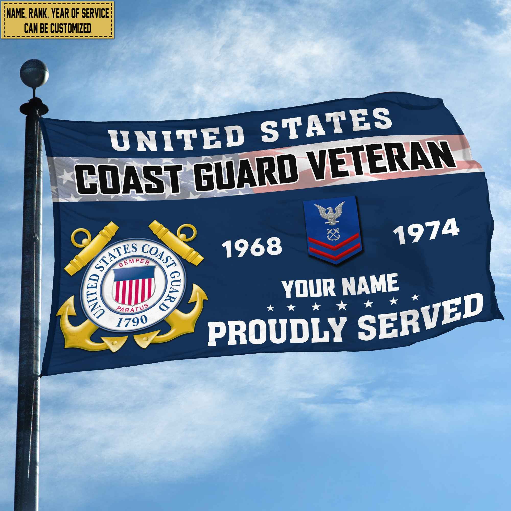Premium USCG Grommet Flag, Custom Name, Rank, Year, Gifts For Coast Guard Veteran, Best Gifts On Father's Day, Armed Forces Day, Independence Day, Veterans Day.