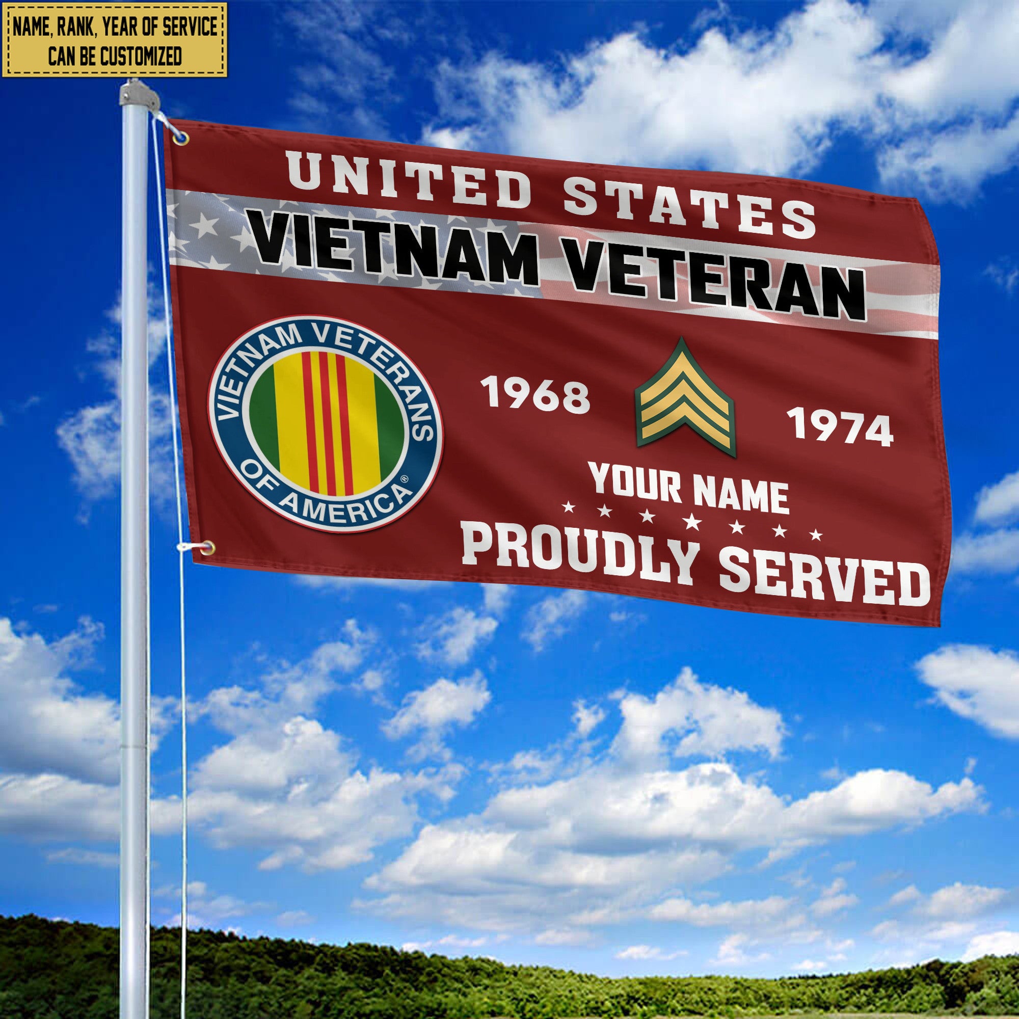 Premium Vietnam Veteran Grommet Flag, Custom Name, Rank, Year, Gifts For Vietnam Veteran, Best Gifts On Father's Day, Armed Forces Day, Independence Day, Veterans Day.