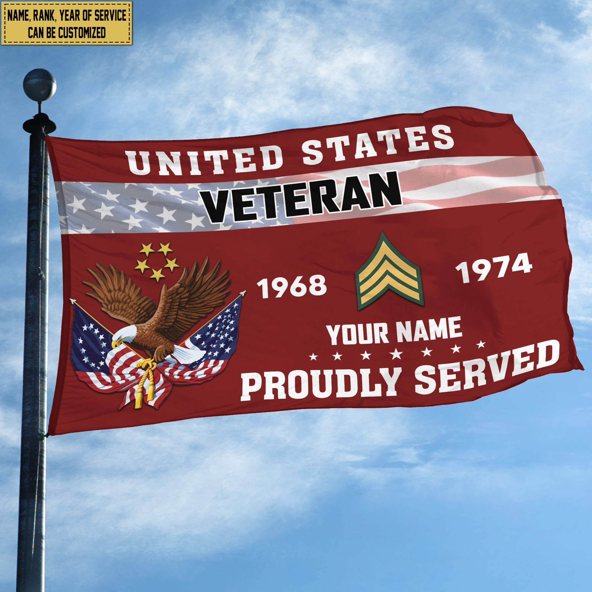 Premium US Veteran Grommet Flag, Custom Name, Rank, Year, Gifts For US Veteran, Best Gifts On Father's Day, Armed Forces Day, Independence Day, Veterans Day.