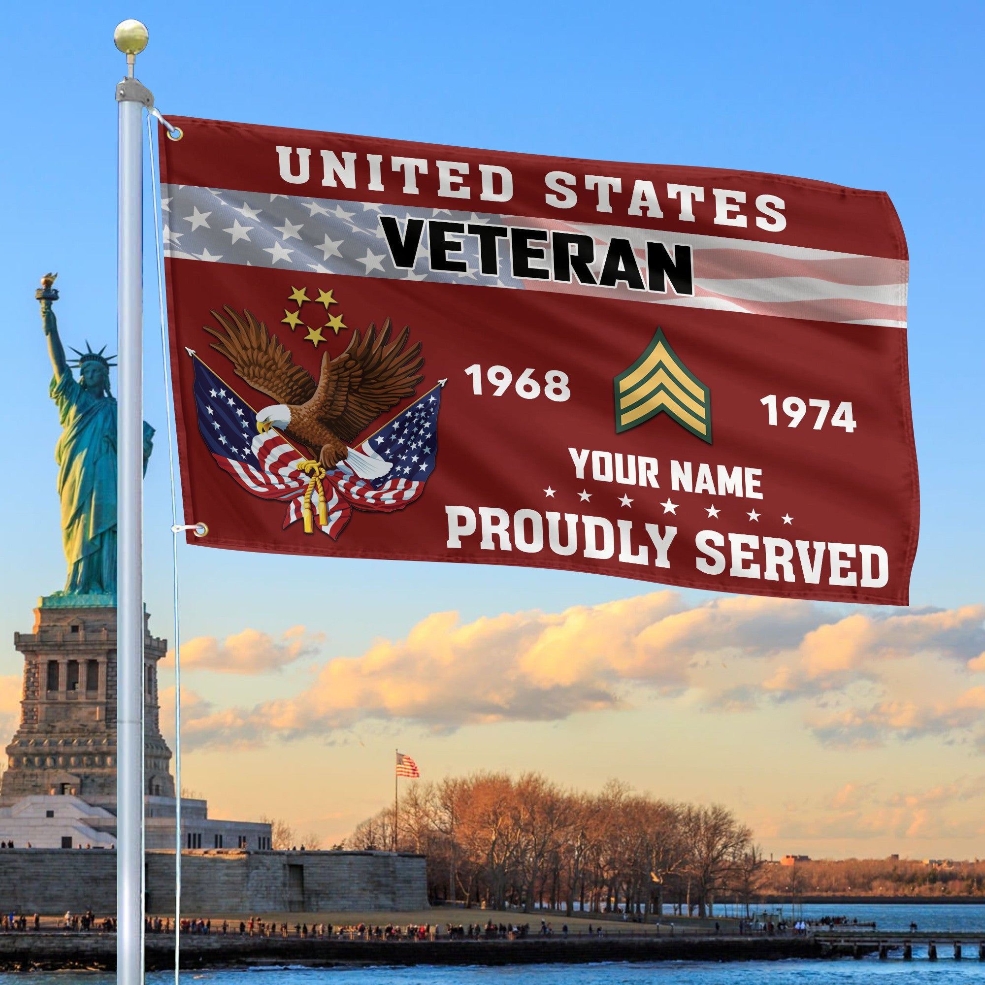 Premium US Veteran Grommet Flag, Custom Name, Rank, Year, Gifts For US Veteran, Best Gifts On Father's Day, Armed Forces Day, Independence Day, Veterans Day.