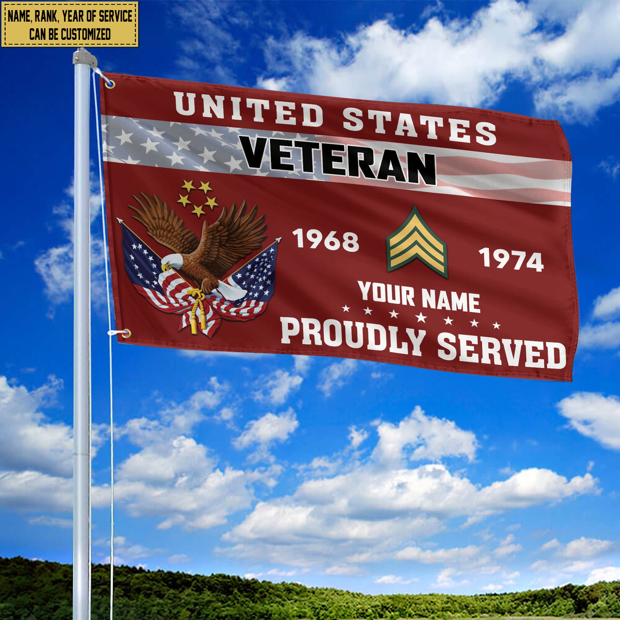 Premium US Veteran Grommet Flag, Custom Name, Rank, Year, Gifts For US Veteran, Best Gifts On Father's Day, Armed Forces Day, Independence Day, Veterans Day.