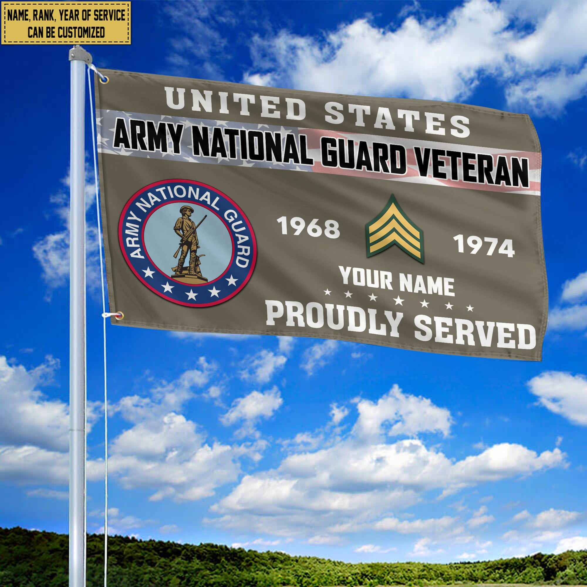 Premium US Army National Guard Grommet Flag, Custom Name, Rank, Year, Gifts For Army National Guard Veteran, Best Gifts On Father's Day, Armed Forces Day, Independence Day, Veterans Day.