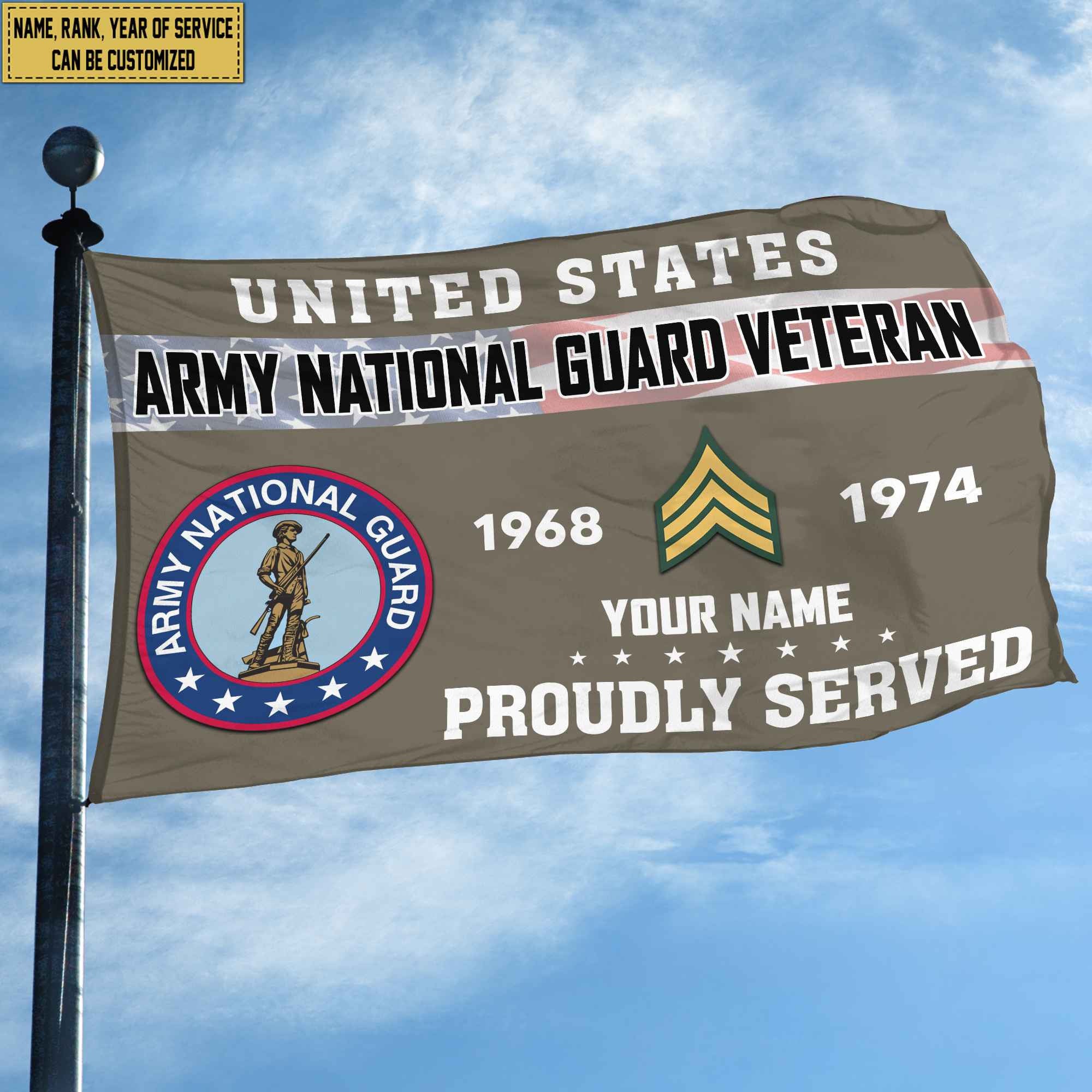 Premium US Army National Guard Grommet Flag, Custom Name, Rank, Year, Gifts For Army National Guard Veteran, Best Gifts On Father's Day, Armed Forces Day, Independence Day, Veterans Day.