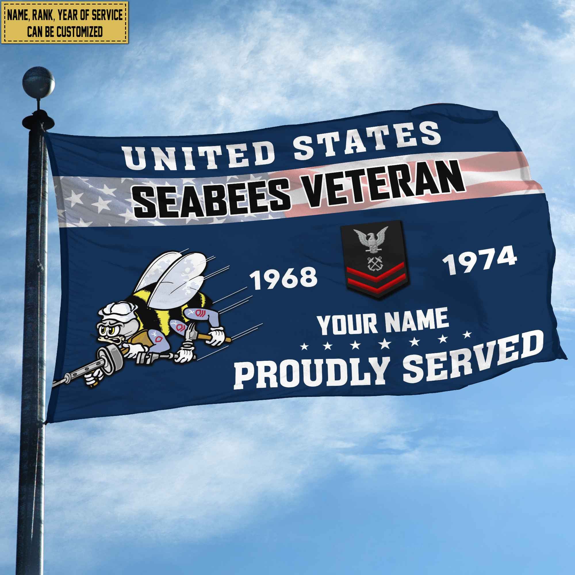 Premium US Seabees Grommet Flag, Custom Name, Rank, Year, Gifts For Seabees Veteran, Best Gifts On Father's Day, Armed Forces Day, Independence Day, Veterans Day.