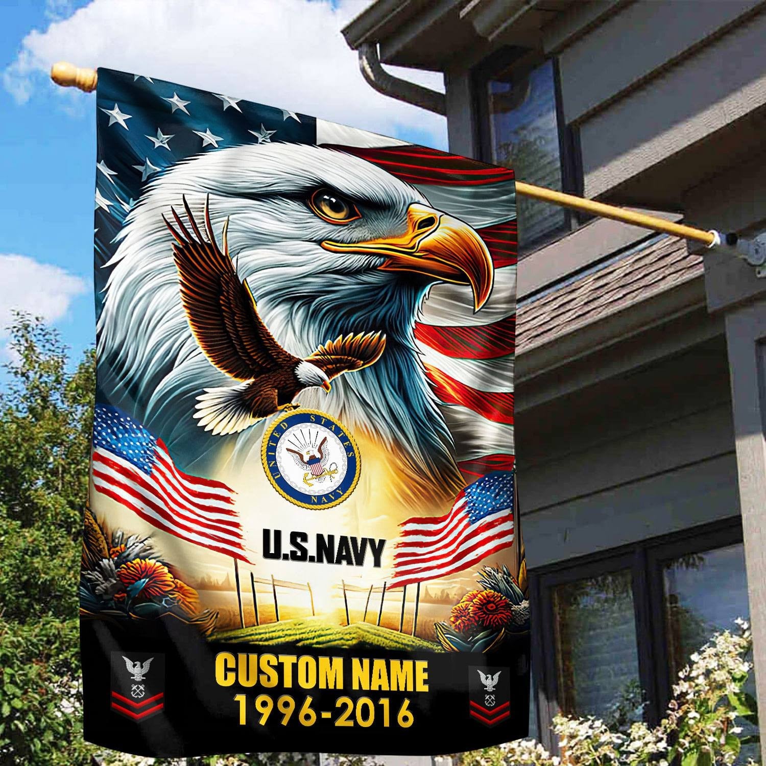 Premium Custom Name, Rank US Navy Flag, Gift For Navy Veteran, American Flag, Patriotic Flag, Garden Flag, House Flag, Best Gifts On Father's Day, Independence Day, Veterans Day.
