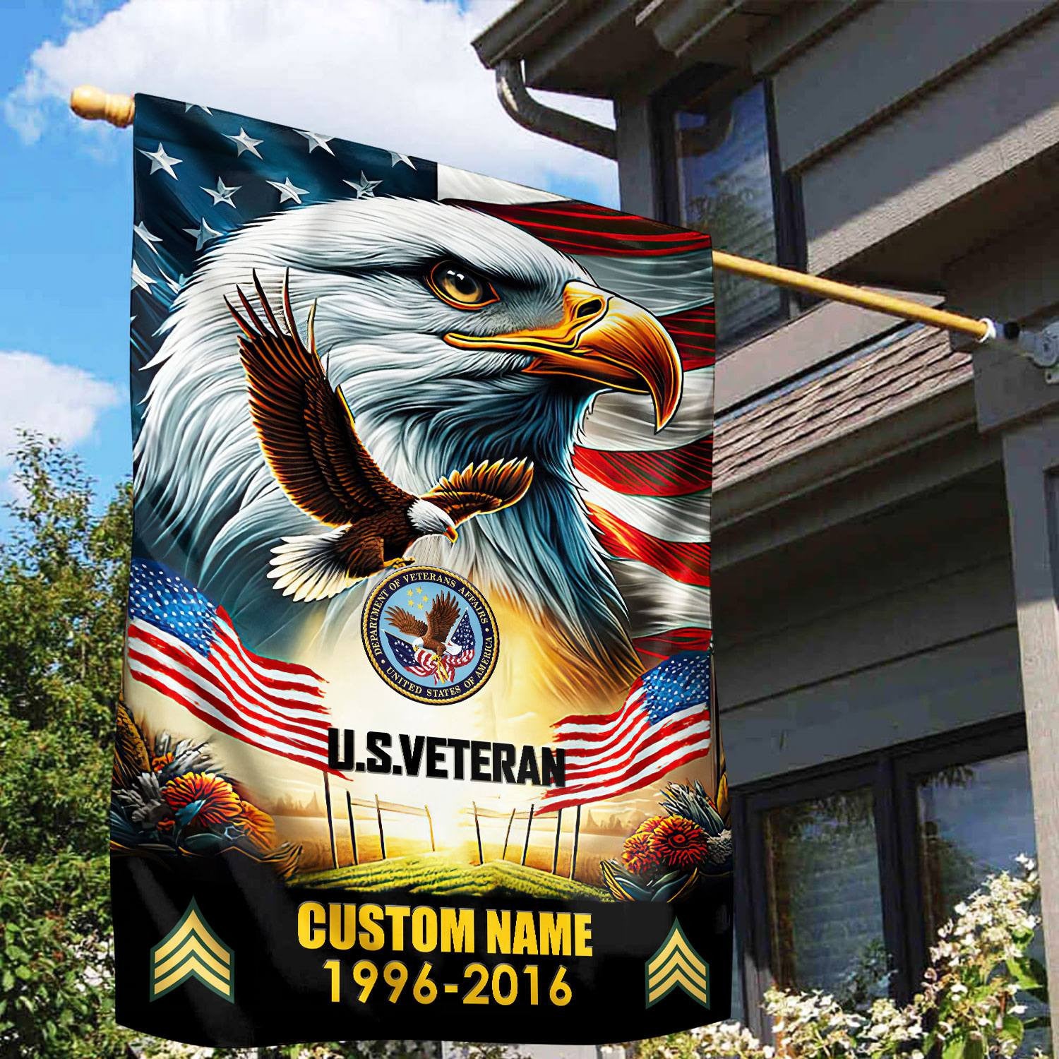 Premium Custom Name, Rank US Veteran Flag, Gift For US Veteran, American Flag, Patriotic Flag, Garden Flag, House Flag, Best Gifts On Father's Day, Independence Day, Veterans Day.