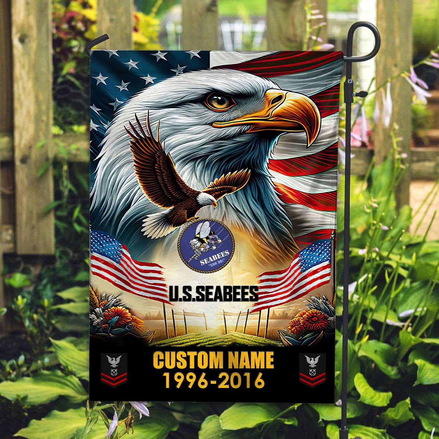 Premium Custom Name, Rank US Seabees Flag, Gift For Seabees Veteran, American Flag, Patriotic Flag, Garden Flag, House Flag, Best Gifts On Father's Day, Independence Day, Veterans Day.