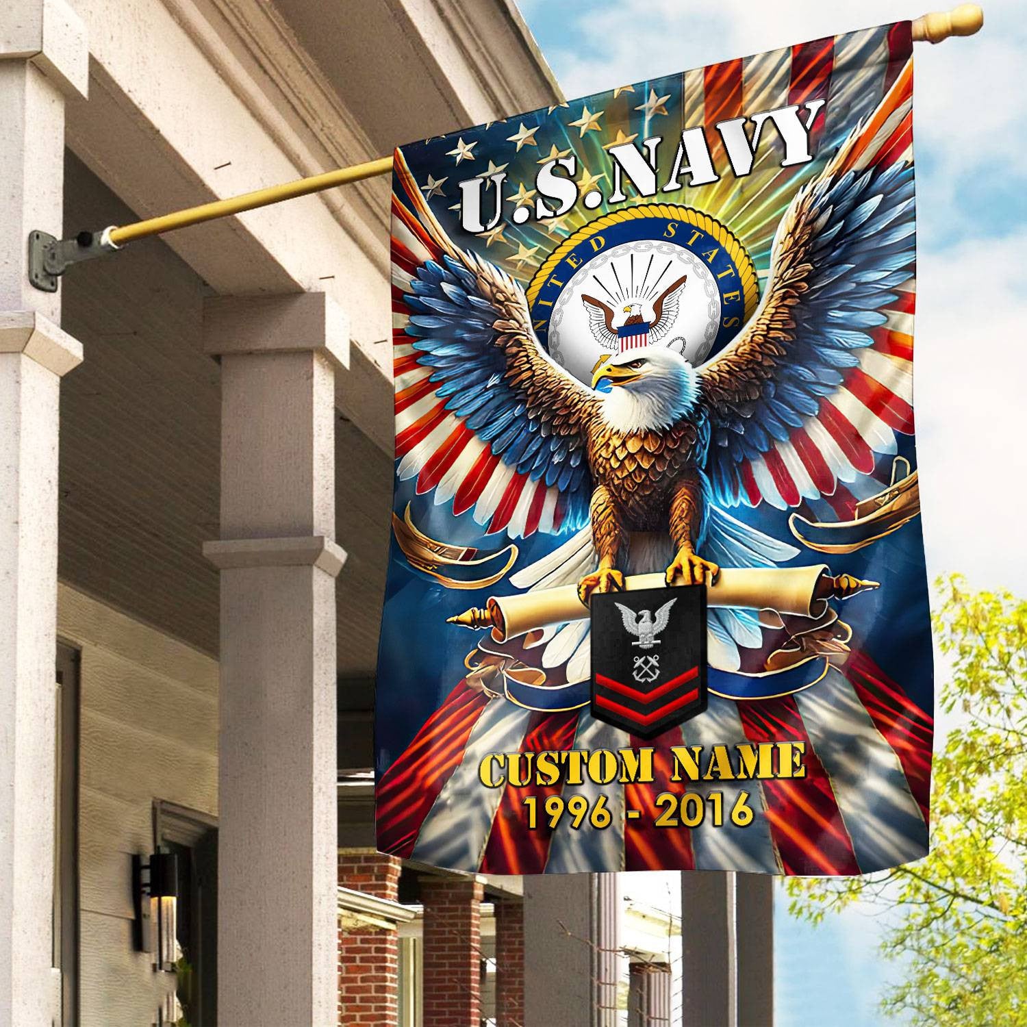 Premium Custom Name, Rank US Navy Flag, Gift For Navy Veteran, American Flag, Patriotic Flag, Garden Flag, House Flag, Best Gifts On Father's Day, Independence Day, Veterans Day.