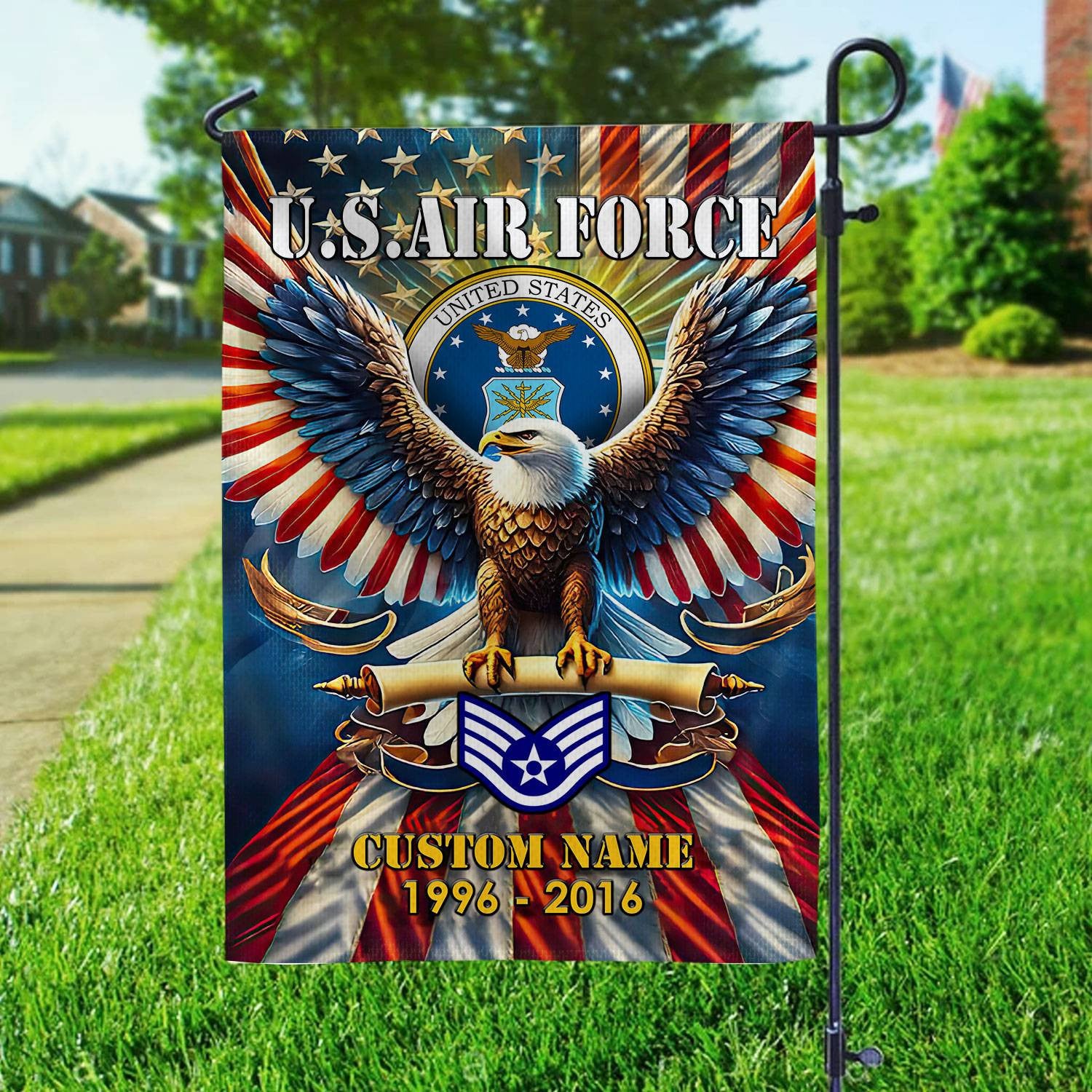 Premium Custom Name, Rank USAF Flag, Gift For Air Force Veteran, American Flag, Patriotic Flag, Garden Flag, House Flag, Best Gifts On Father's Day, Independence Day, Veterans Day.