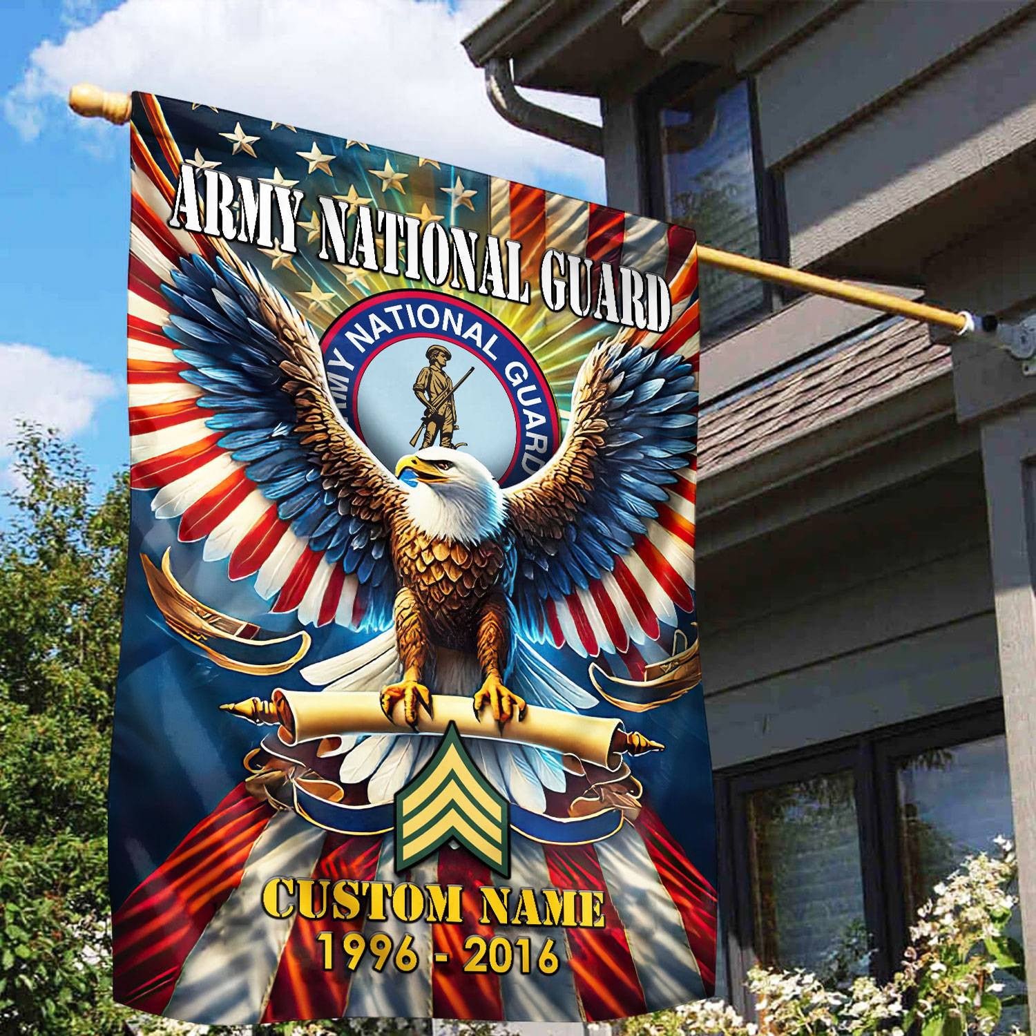Premium Custom Name, Rank US Army National Guard Flag, Gift For Army National Guard Veteran, American Flag, Patriotic Flag, Garden Flag, House Flag, Best Gifts On Father's Day, Independence Day, Veterans Day.