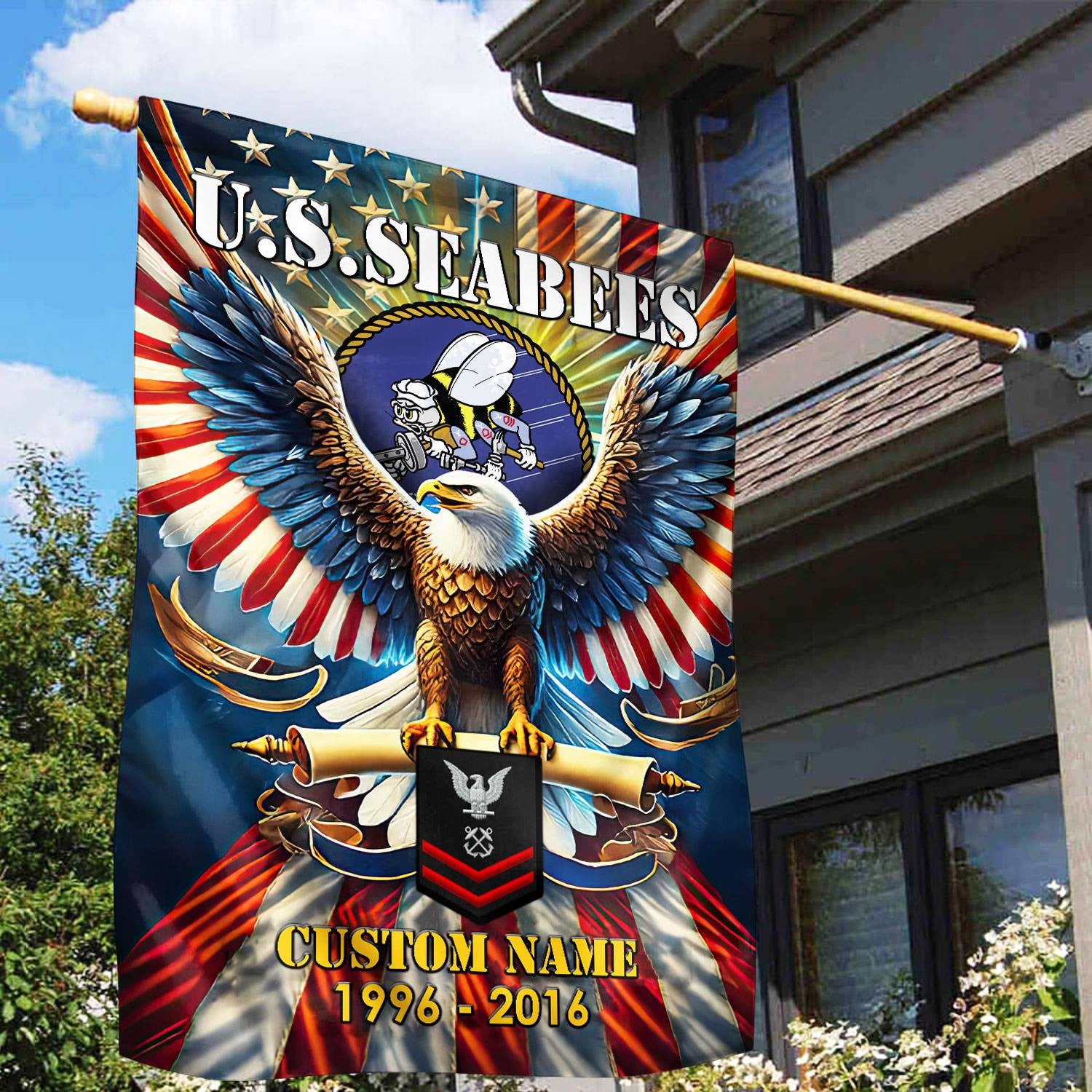 Premium Custom Name, Rank US Seabees Flag, Gift For Seabees Veteran, American Flag, Patriotic Flag, Garden Flag, House Flag, Best Gifts On Father's Day, Independence Day, Veterans Day.