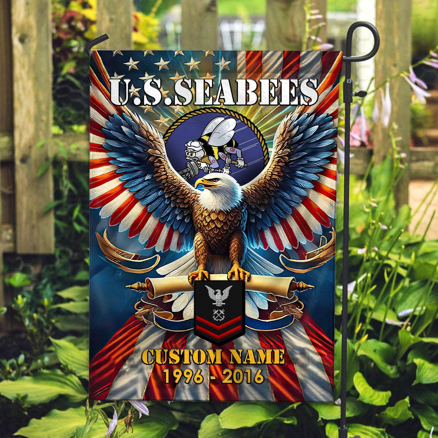 Premium Custom Name, Rank US Seabees Flag, Gift For Seabees Veteran, American Flag, Patriotic Flag, Garden Flag, House Flag, Best Gifts On Father's Day, Independence Day, Veterans Day.