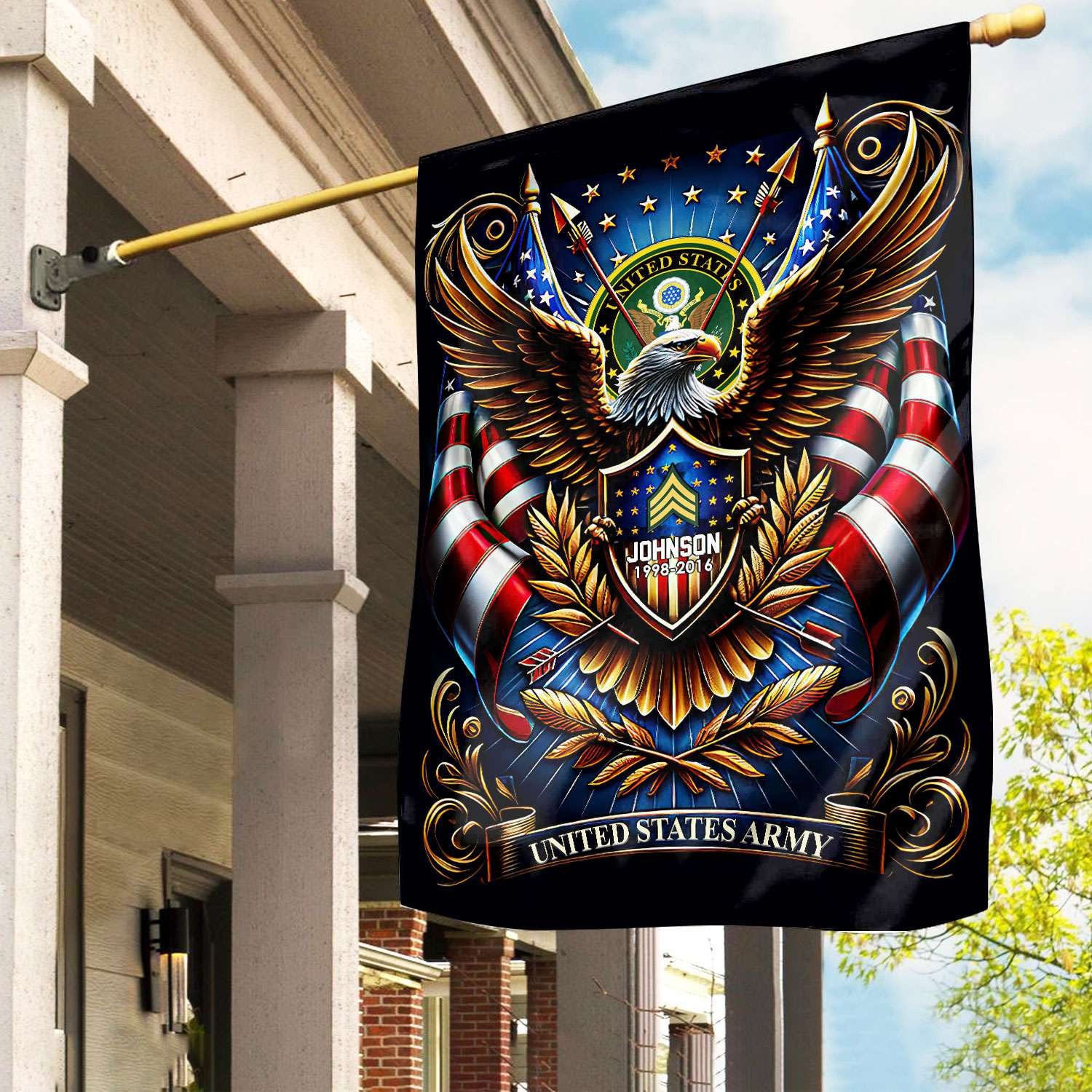 US Army Flag, Custom Name, Rank, Year, Gift For Army Veteran, American Flag, Patriotic Flag, Garden Flag, House Flag, Best Gifts On Father's Day, Independence Day, Veterans Day.
