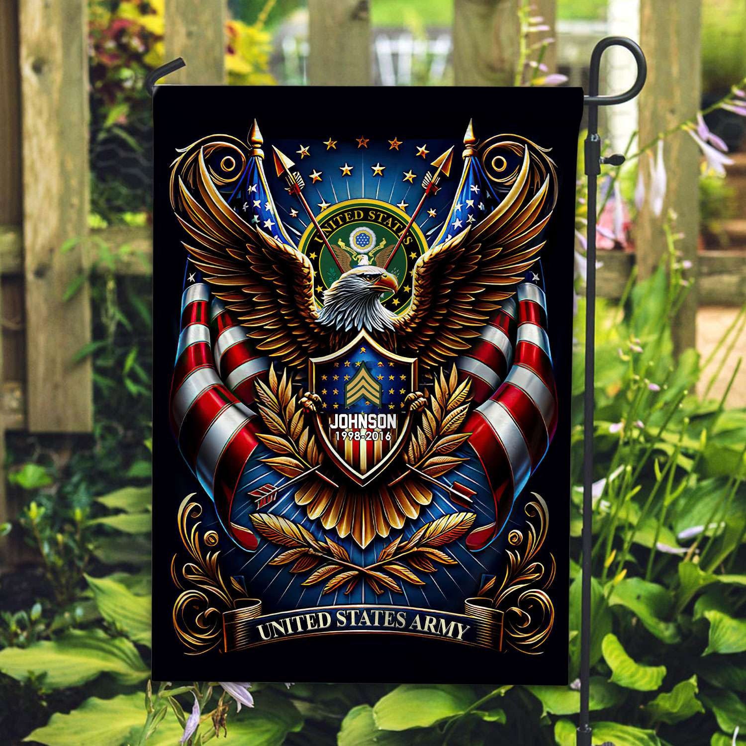 US Army Flag, Custom Name, Rank, Year, Gift For Army Veteran, American Flag, Patriotic Flag, Garden Flag, House Flag, Best Gifts On Father's Day, Independence Day, Veterans Day.