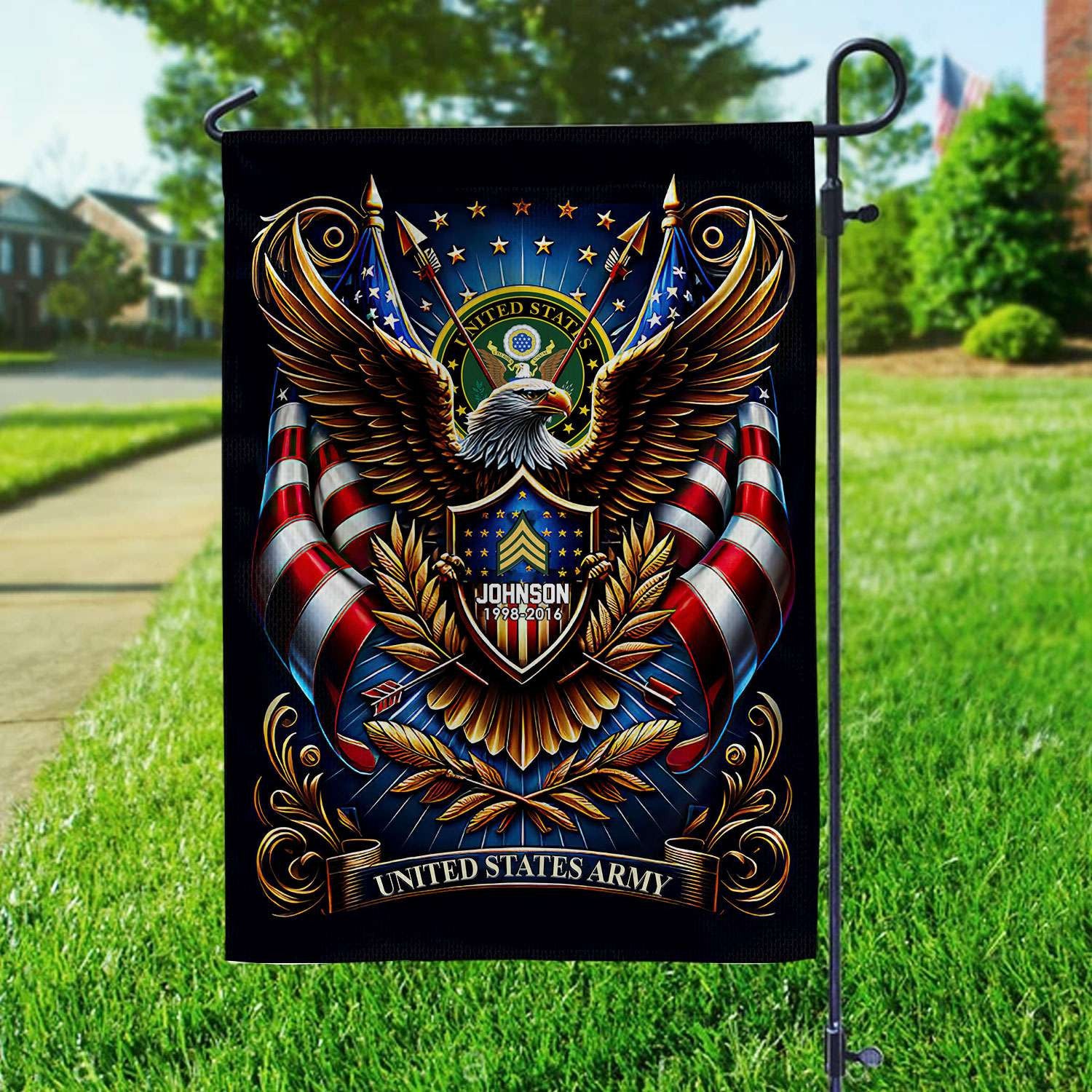 US Army Flag, Custom Name, Rank, Year, Gift For Army Veteran, American Flag, Patriotic Flag, Garden Flag, House Flag, Best Gifts On Father's Day, Independence Day, Veterans Day.