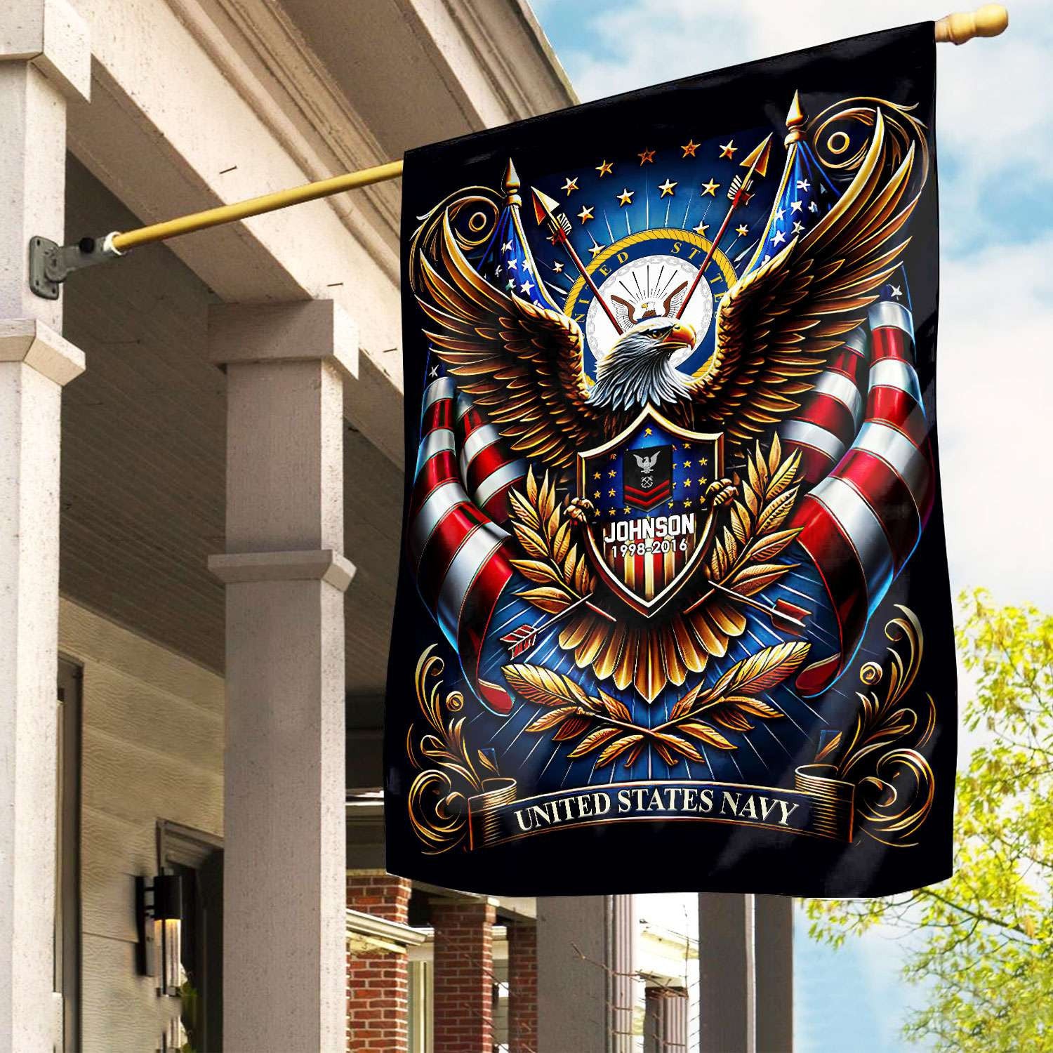 US Navy Flag, Custom Name, Rank, Year, Gift For Navy Veteran, American Flag, Patriotic Flag, Garden Flag, House Flag, Best Gifts On Father's Day, Independence Day, Veterans Day.