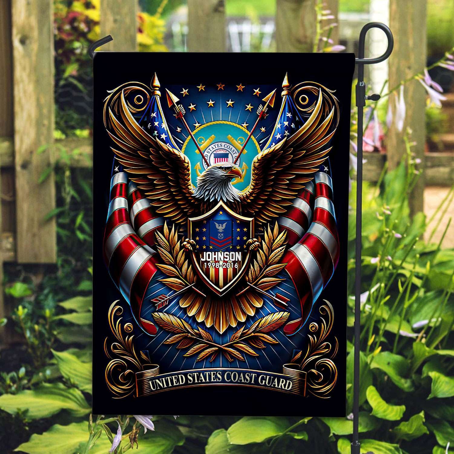 USCG Flag, Custom Name, Rank, Year, Gift For Coast Guard Veteran, American Flag, Patriotic Flag, Garden Flag, House Flag, Best Gifts On Father's Day, Independence Day, Veterans Day.