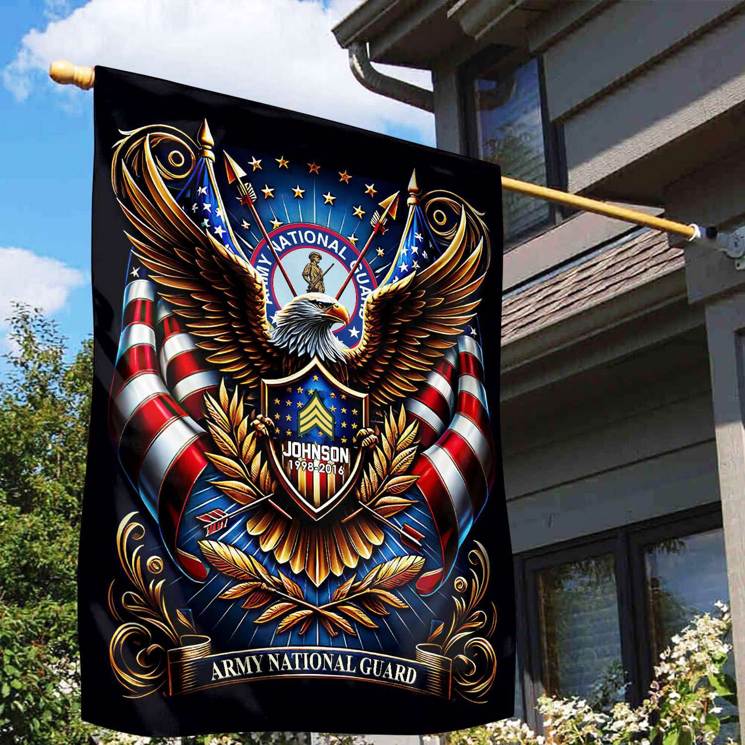 US Army National Guard Flag, Custom Name, Rank, Year, Gift For Army National Guard Veteran, American Flag, Patriotic Flag, Garden Flag, House Flag, Best Gifts On Father's Day, Independence Day, Veterans Day.