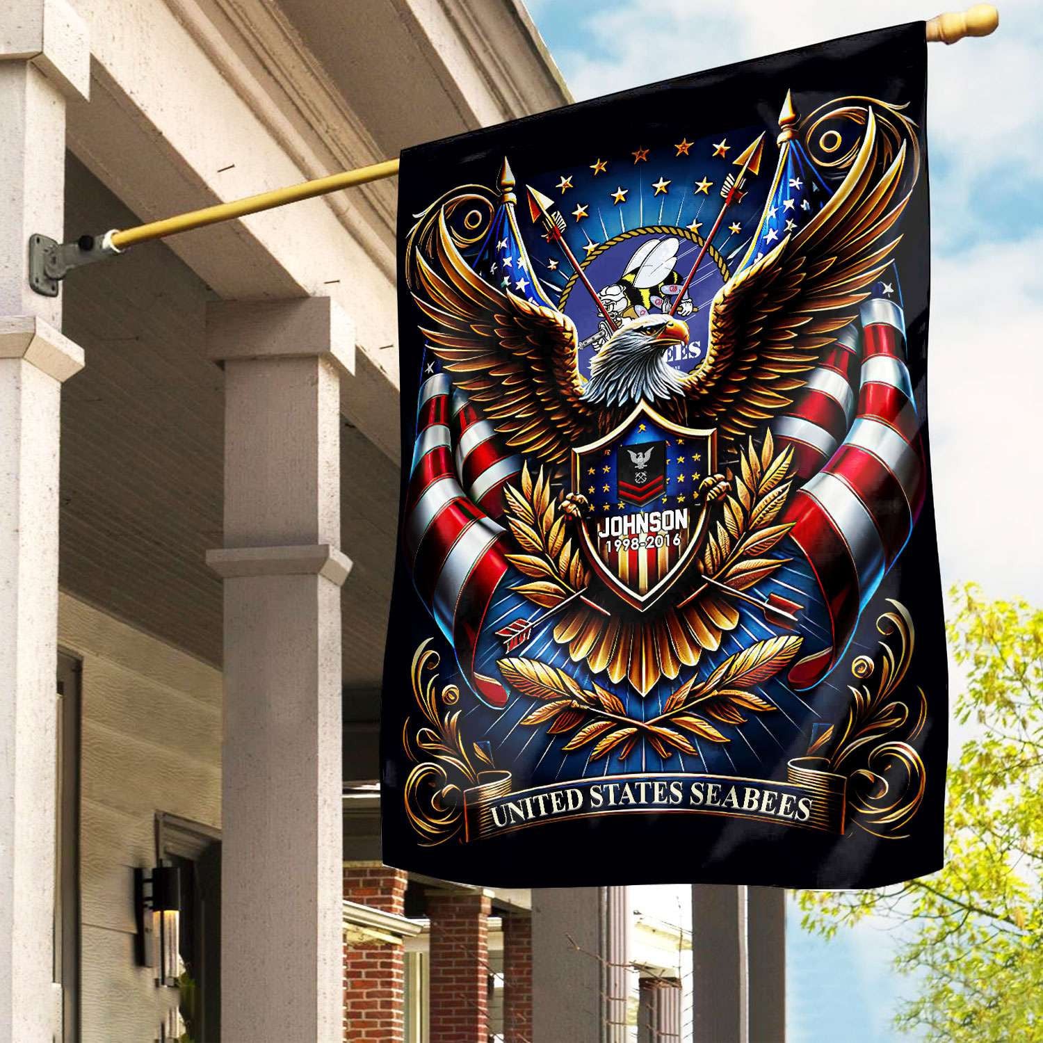 US Seabees Flag, Custom Name, Rank, Year, Gift For Seabees Veteran, American Flag, Patriotic Flag, Garden Flag, House Flag, Best Gifts On Father's Day, Independence Day, Veterans Day.