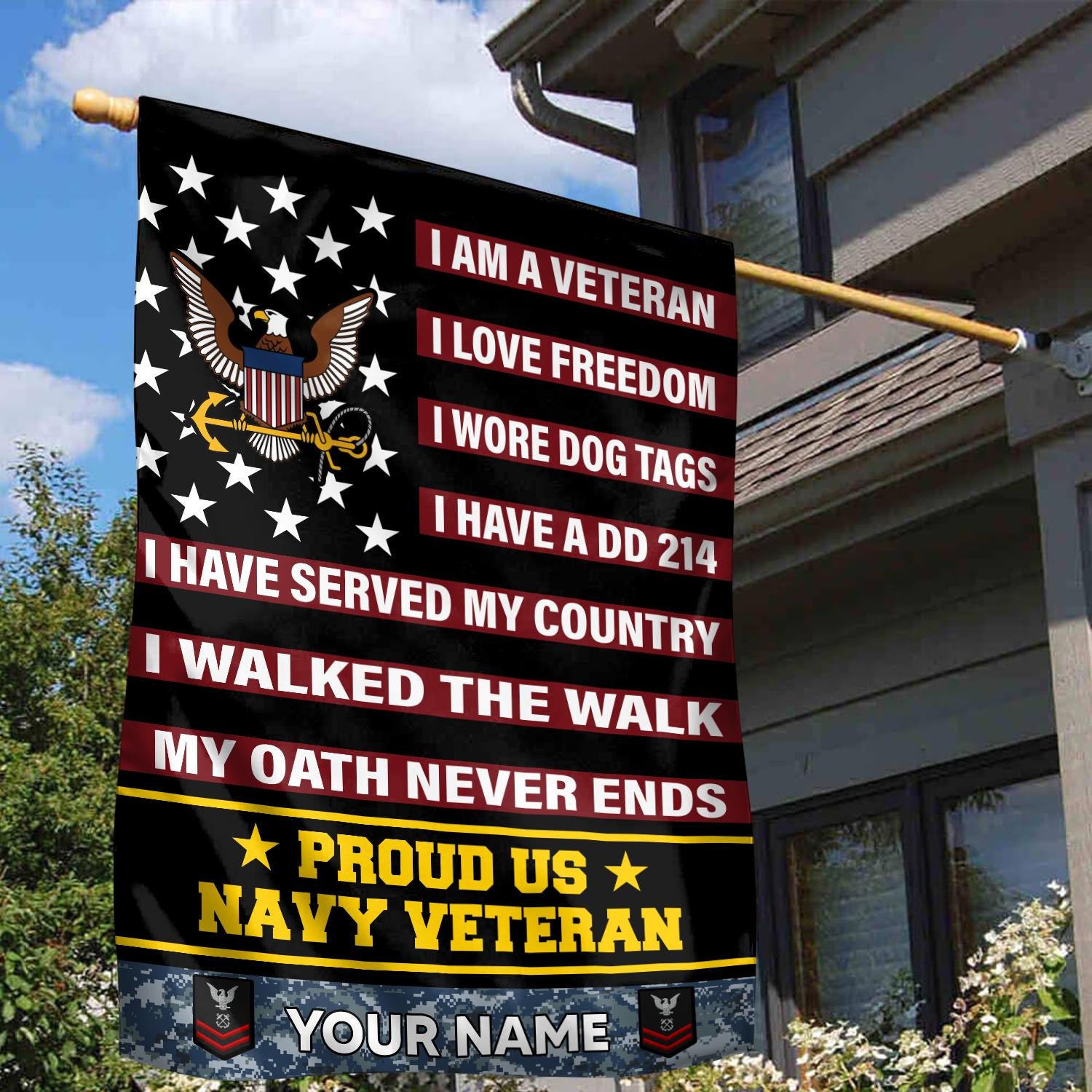 US Navy Veteran Flag, Custom Name, Rank, Gift For Navy Veteran, American Flag, Patriotic Flag, Garden Flag, House Flag