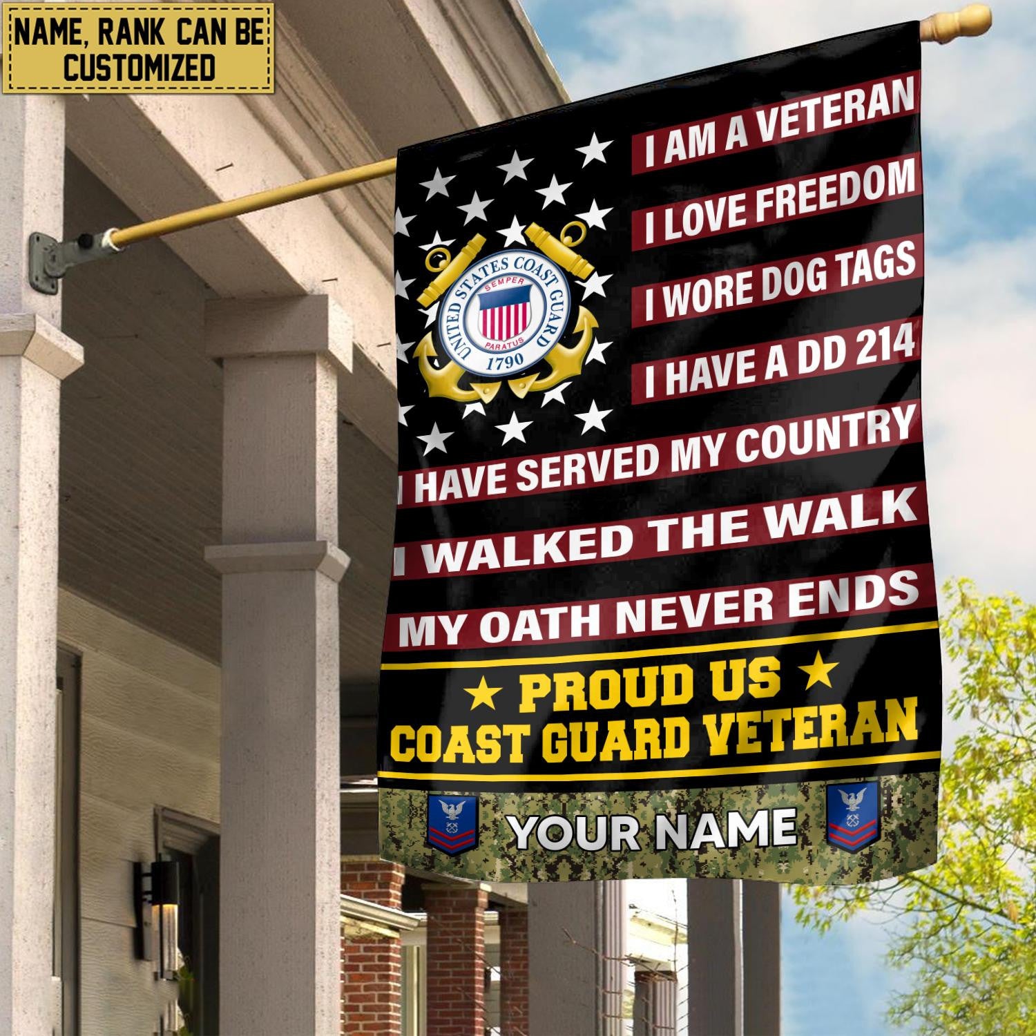 USCG Veteran Flag, Custom Name, Rank, Gift For Coast Guard Veteran, American Flag, Patriotic Flag, Garden Flag, House Flag