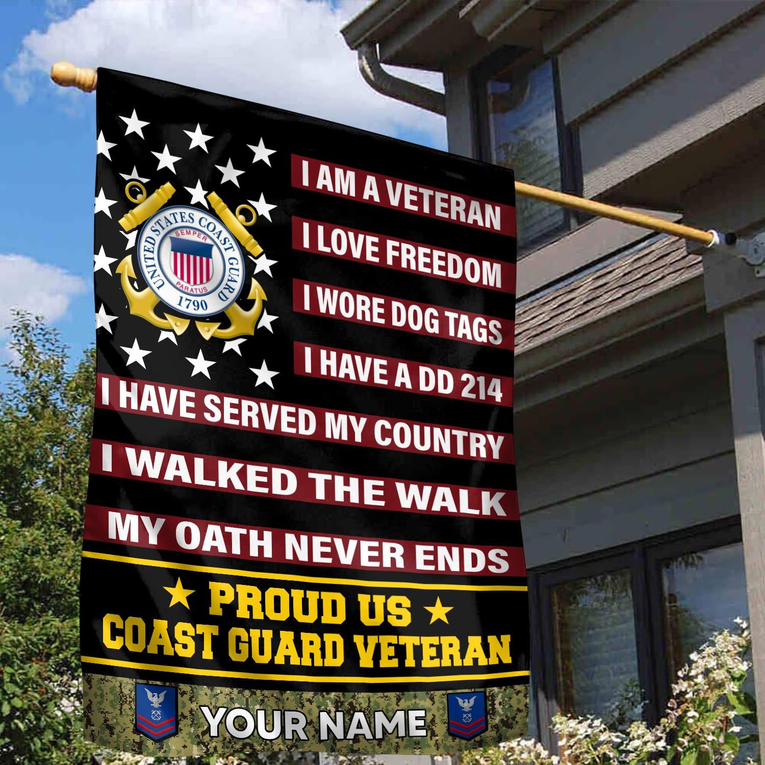 USCG Veteran Flag, Custom Name, Rank, Gift For Coast Guard Veteran, American Flag, Patriotic Flag, Garden Flag, House Flag