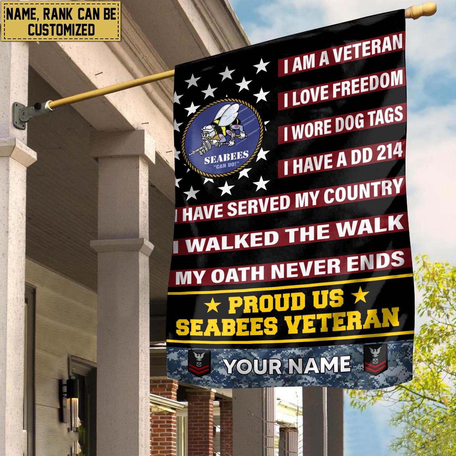US Seabees Veteran Flag, Custom Name, Rank, Gift For Seabees Veteran, American Flag, Patriotic Flag, Garden Flag, House Flag