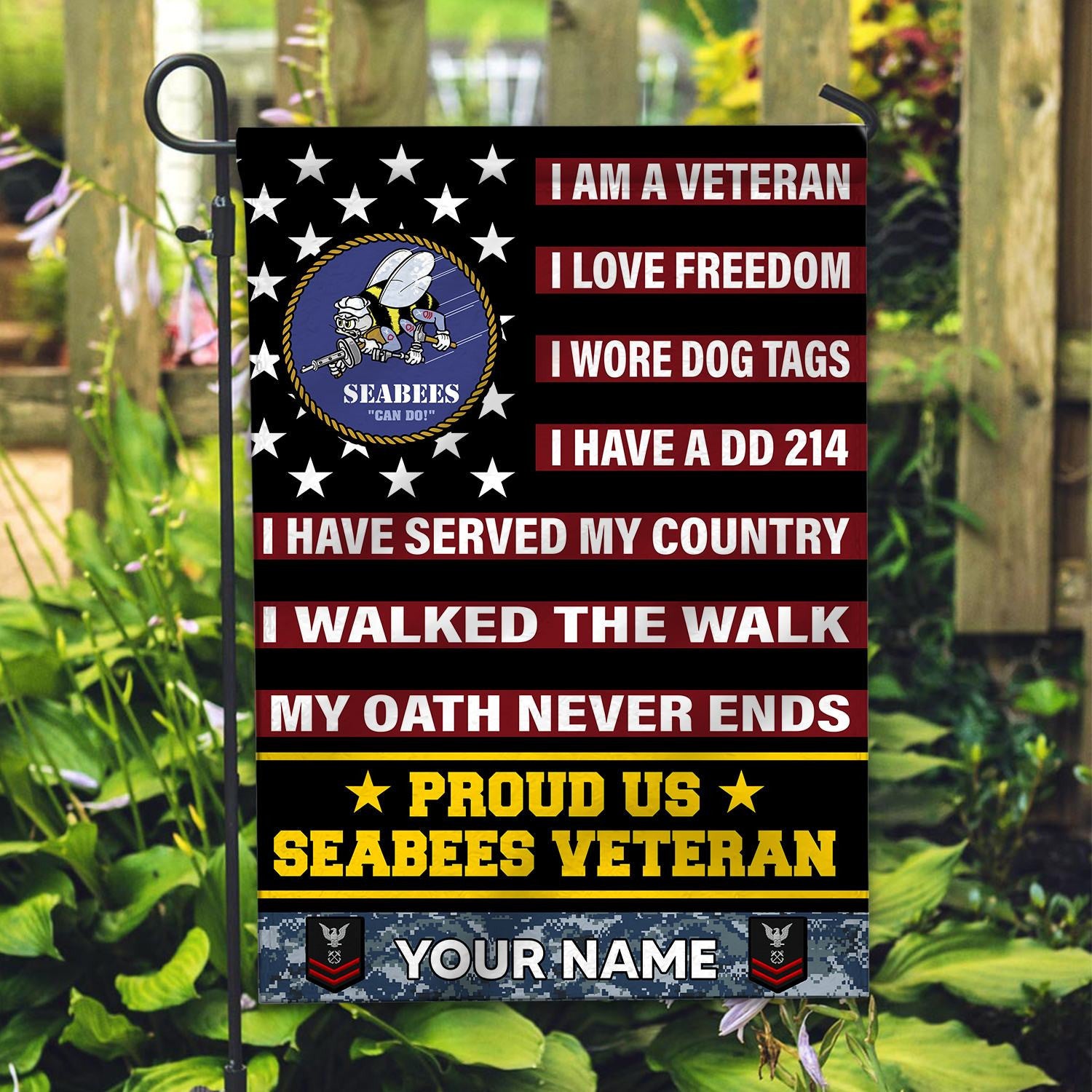 US Seabees Veteran Flag, Custom Name, Rank, Gift For Seabees Veteran, American Flag, Patriotic Flag, Garden Flag, House Flag
