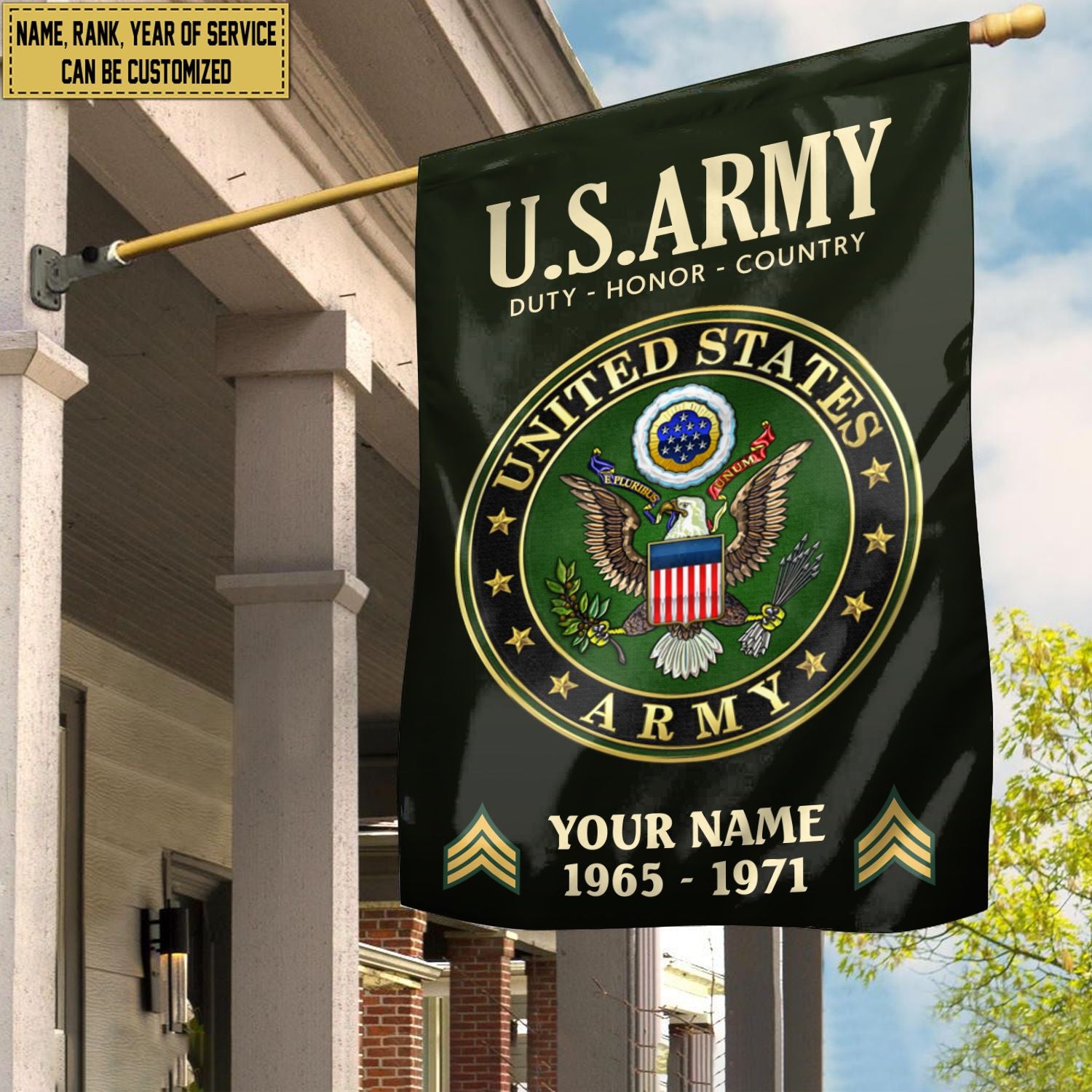 US Army Flag, Custom Name, Rank, Year, Gift For Army Veteran, American Flag, Patriotic Flag, Garden Flag, House Flag