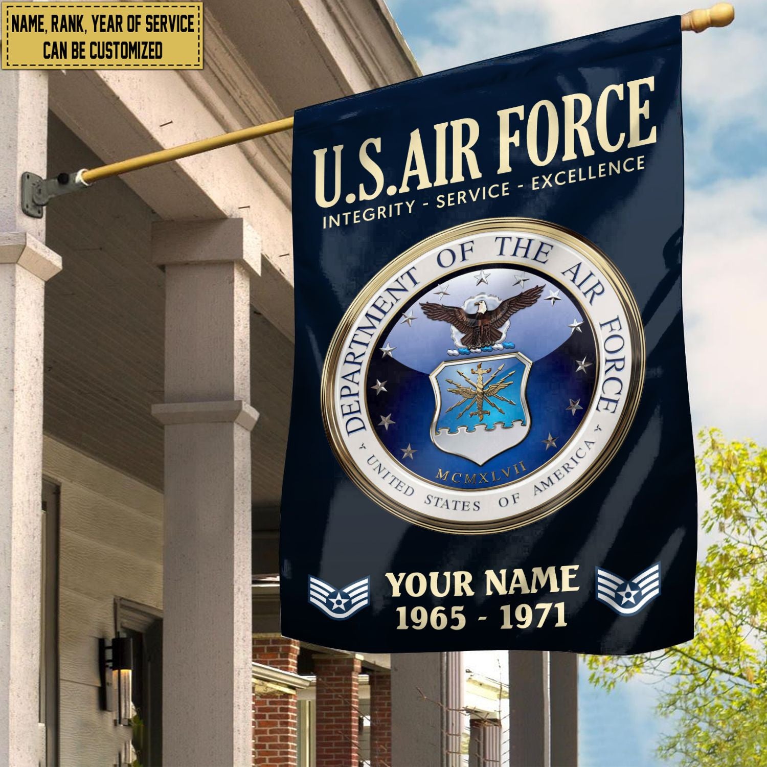 USAF Flag, Custom Name, Rank, Year, Gift For Air Force Veteran, American Flag, Patriotic Flag, Garden Flag, House Flag