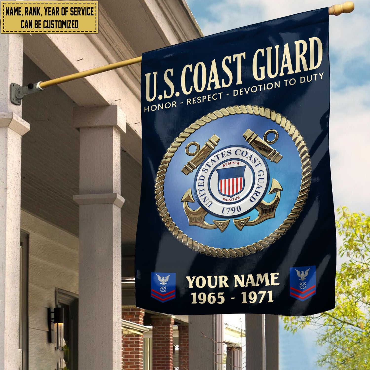 USCG Flag, Custom Name, Rank, Year, Gift For Coast Guard Veteran, American Flag, Patriotic Flag, Garden Flag, House Flag