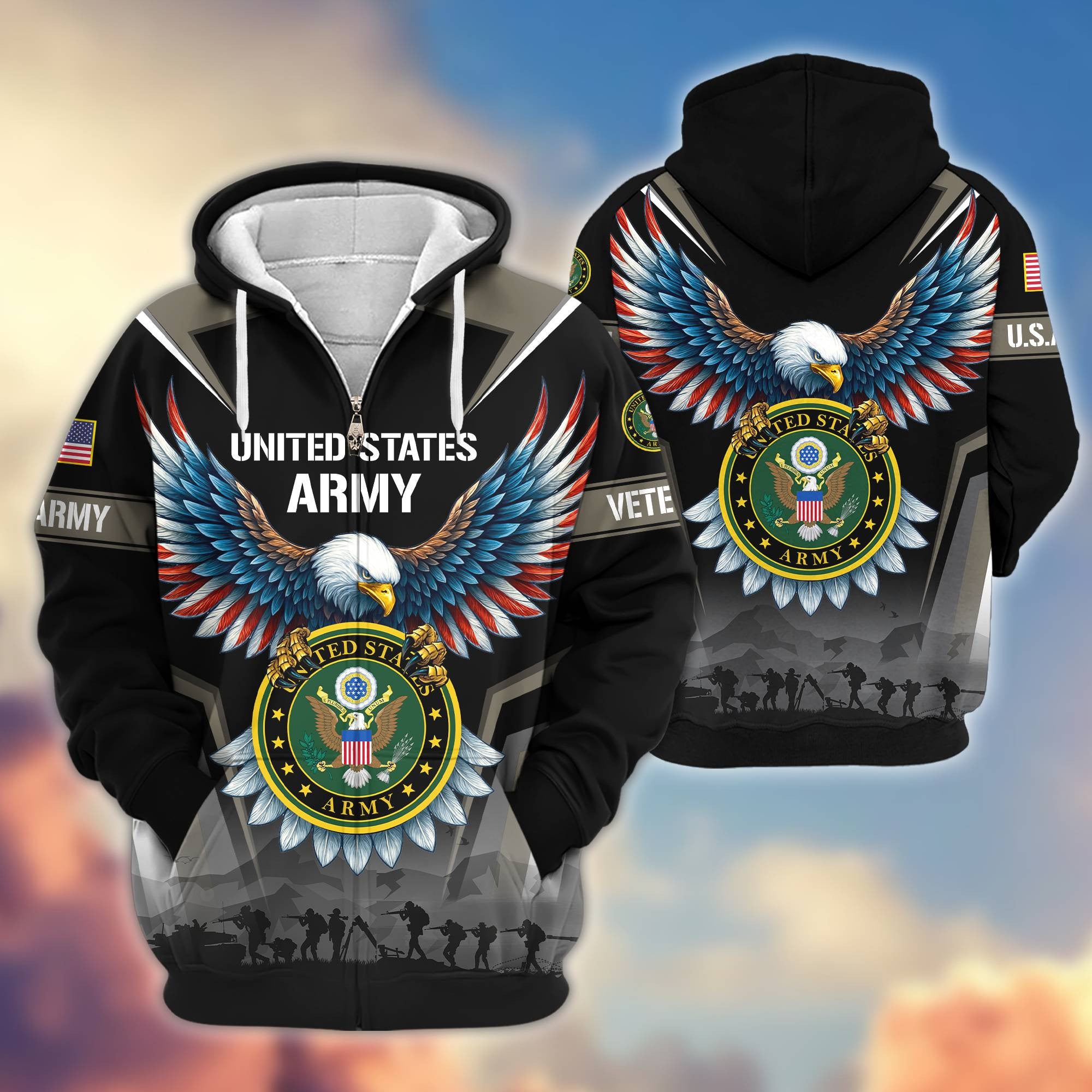 Premium US Veterans Zip Hoodie, Gifts For US Veterans, Gifts On Father's Day, Veterans Day.