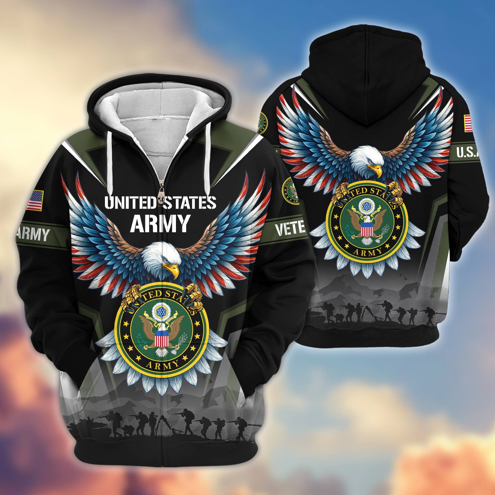 Premium US Veterans Zip Hoodie, Gifts For US Veterans, Gifts On Father's Day, Veterans Day.