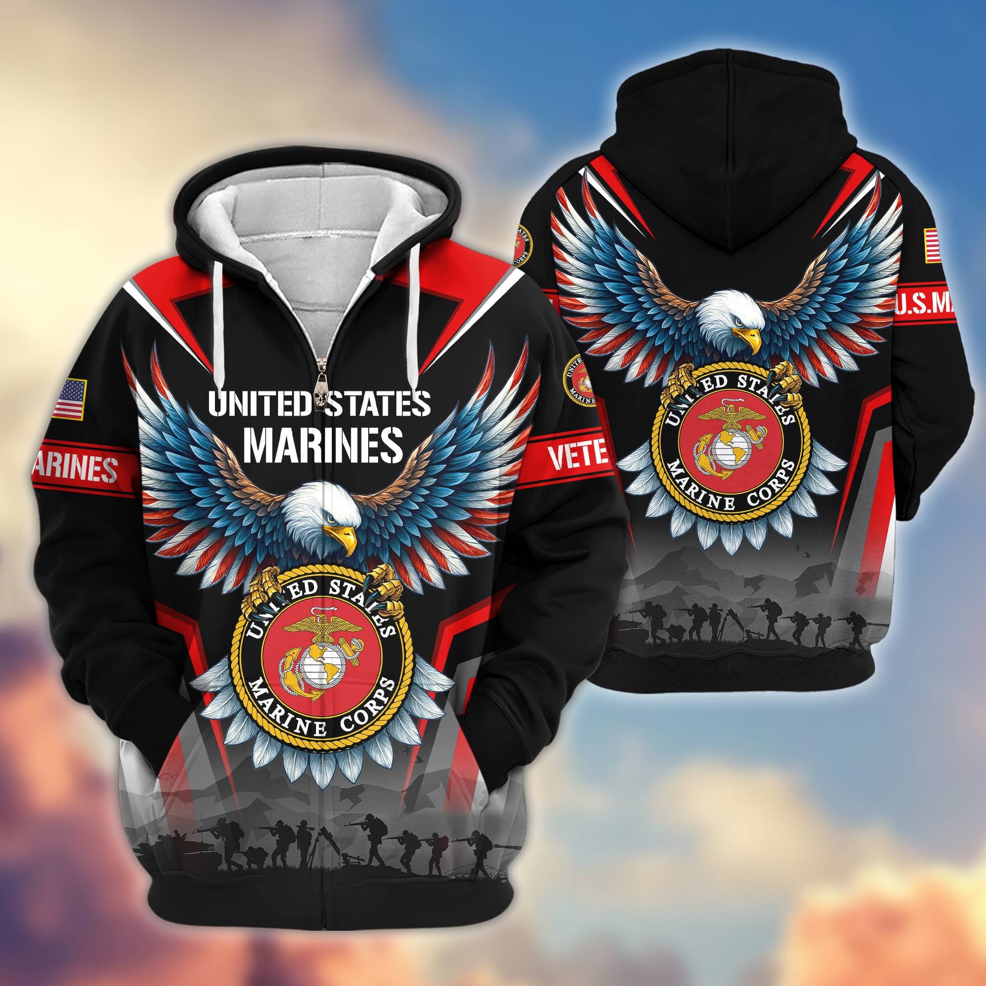 Premium US Veterans Zip Hoodie, Gifts For US Veterans, Gifts On Father's Day, Veterans Day.