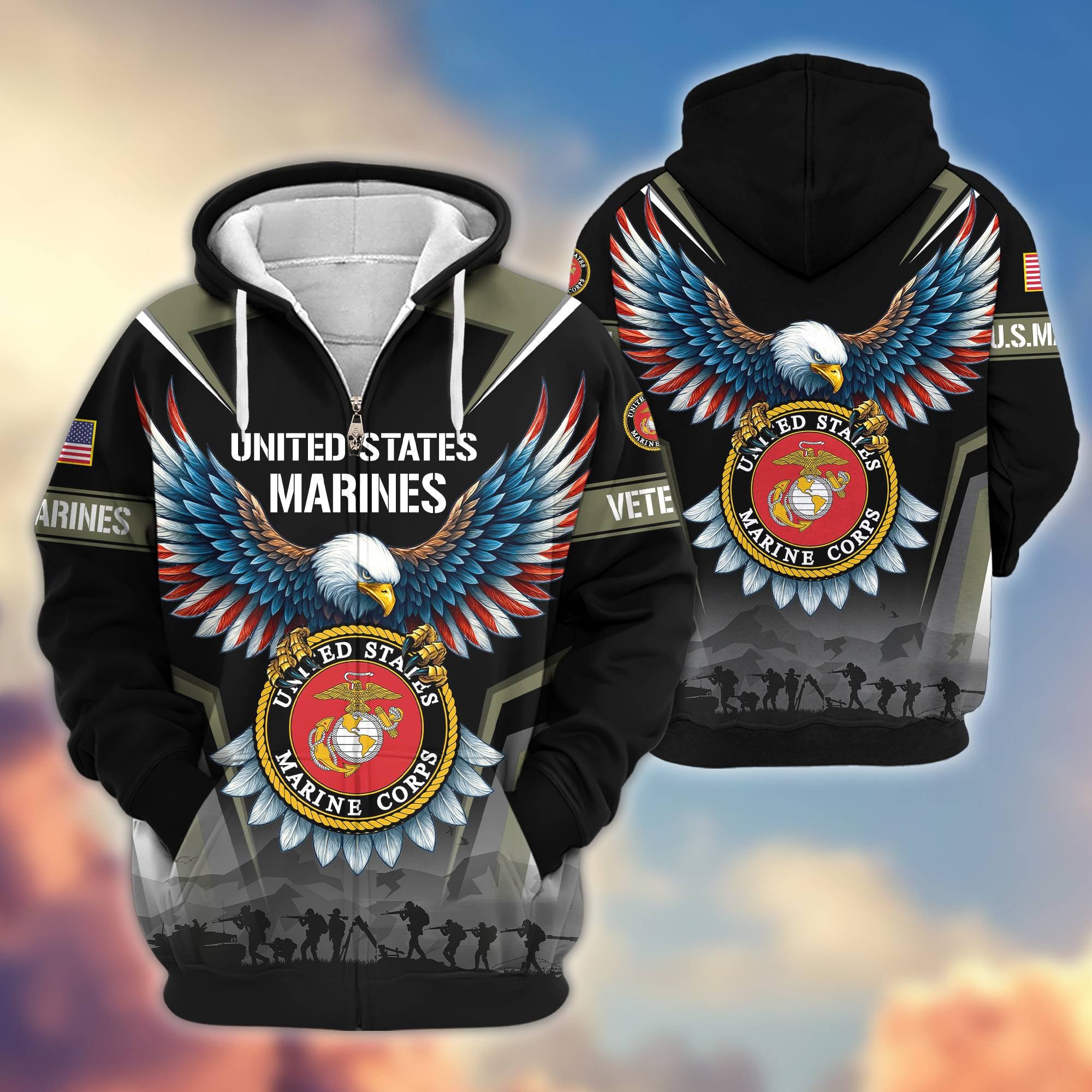 Premium US Veterans Zip Hoodie, Gifts For US Veterans, Gifts On Father's Day, Veterans Day.