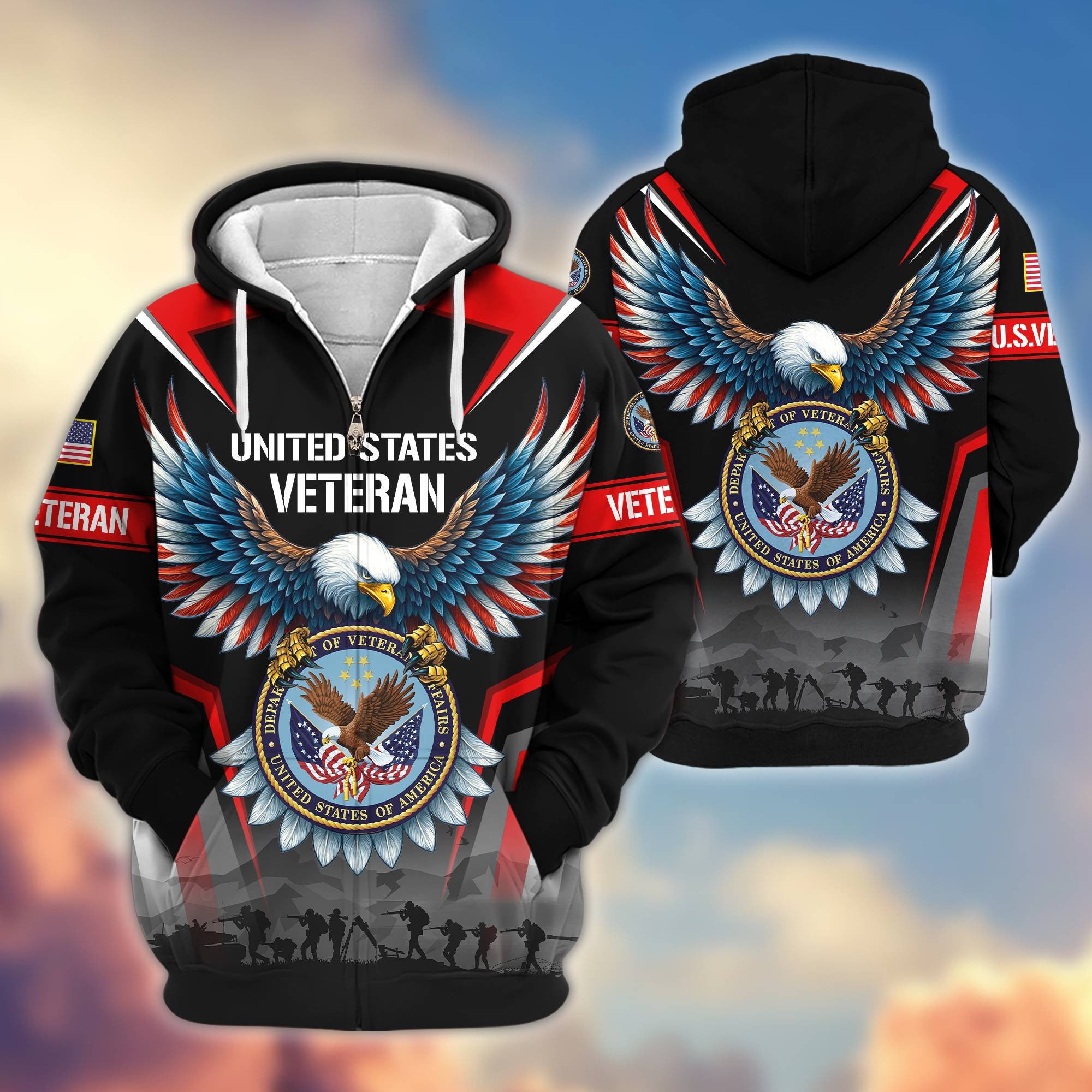 Premium US Veterans Zip Hoodie, Gifts For US Veterans, Gifts On Father's Day, Veterans Day.
