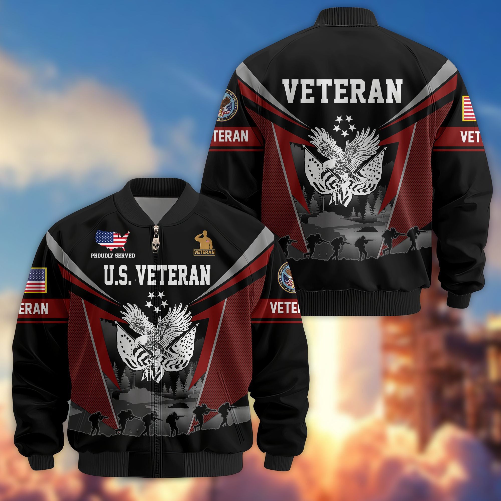 Premium US Veterans Bomber Jacket, Gifts For US Veterans, Gifts On Father's Day, Veterans Day.