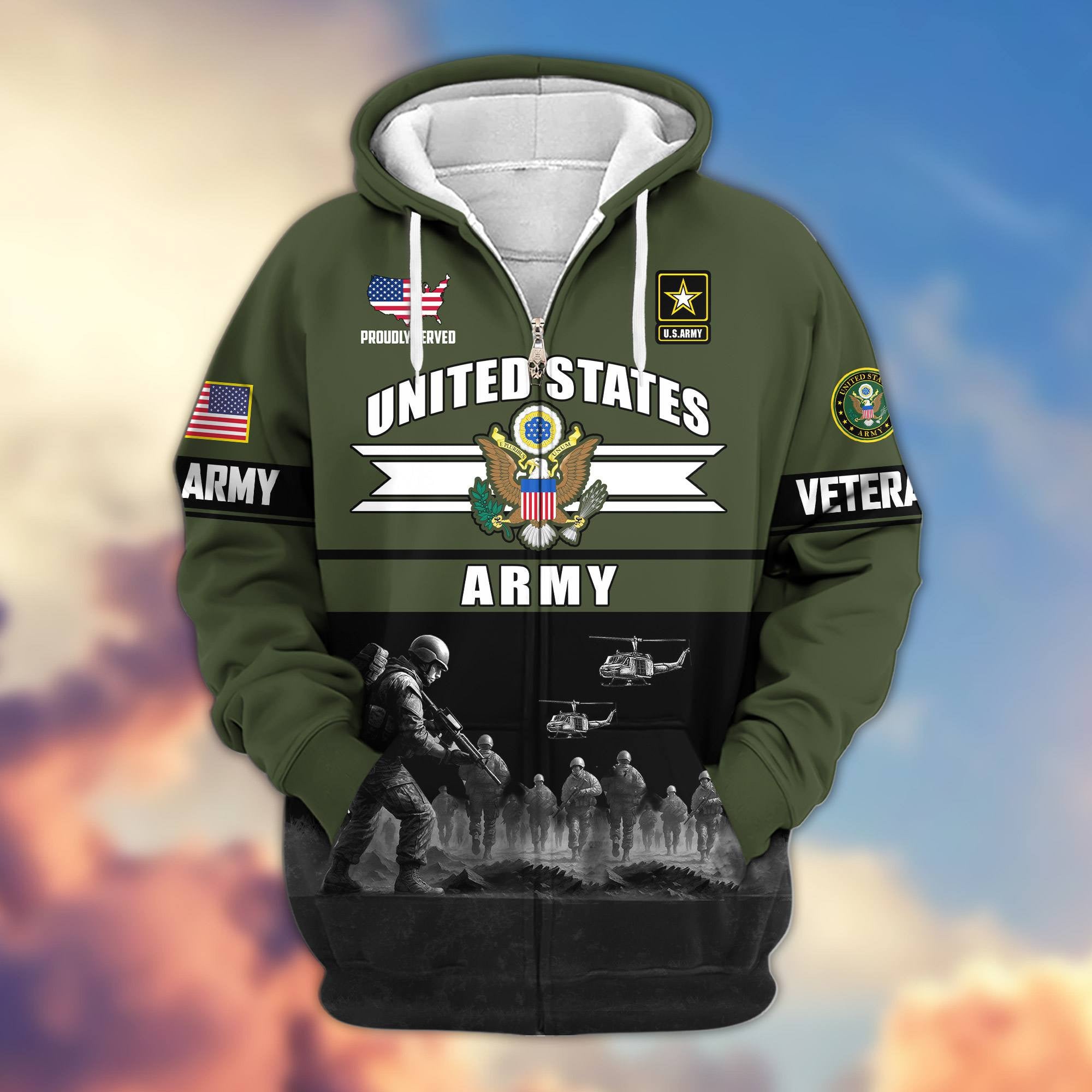 Premium US Veterans Zip Hoodie, Gifts For US Veterans, Gifts On Father's Day, Veterans Day.