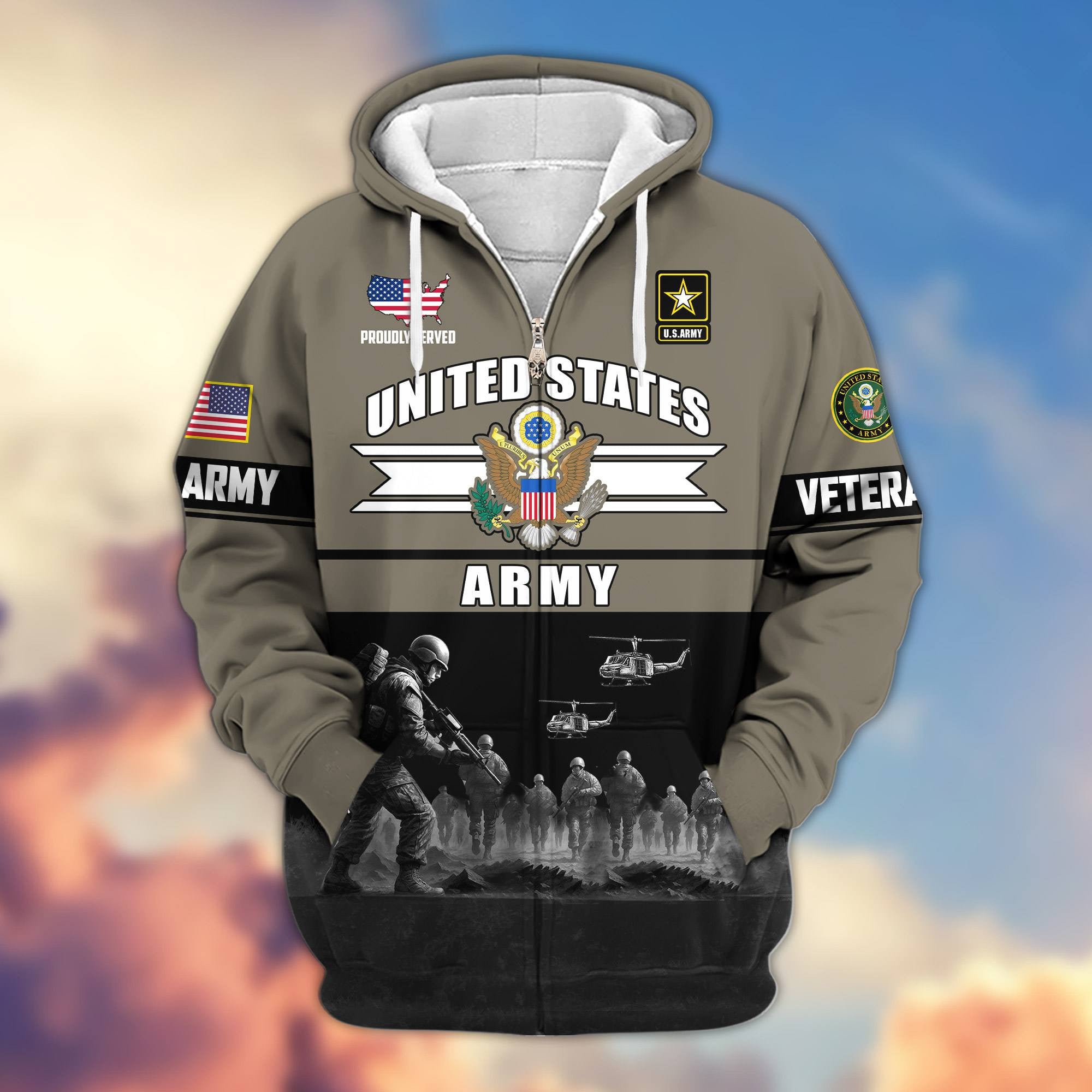 Premium US Veterans Zip Hoodie, Gifts For US Veterans, Gifts On Father's Day, Veterans Day.